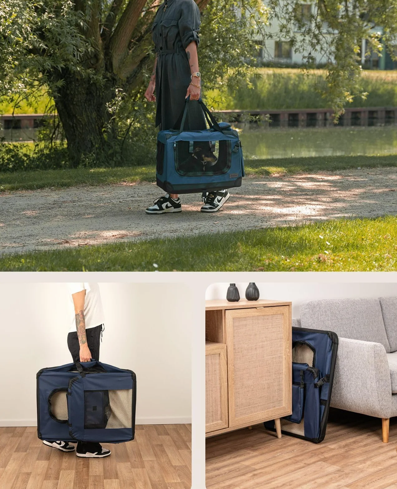 Lionto Borsa trasportino per cani pieghevole 50x34x36 cm box trasporto stabile con maniglie per gatti animali fino a 10 kg tessuto blu scuro