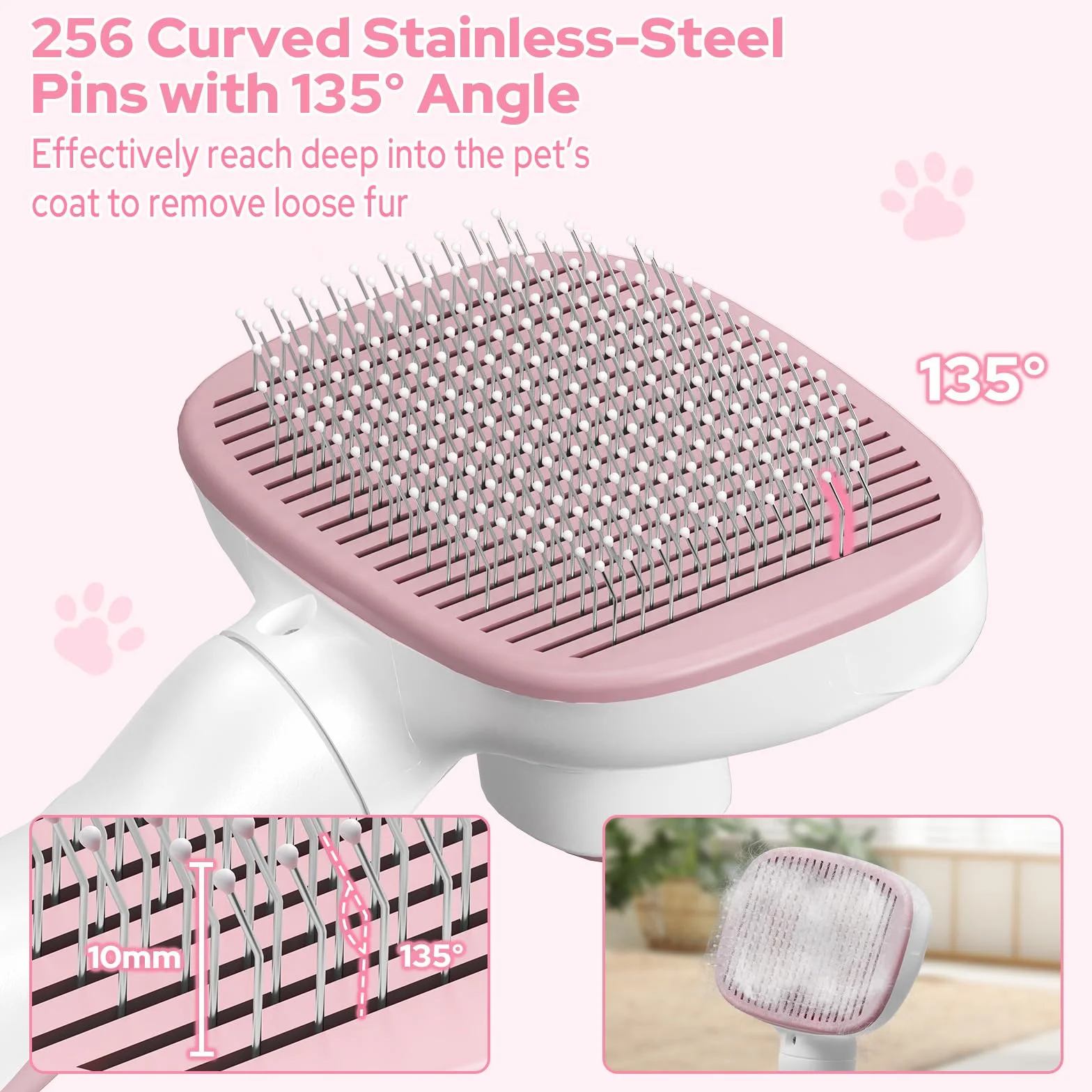 Zivacate Spazzola per Gatti, Autopulente per Animali Domestici, Nettoyage en Un Clic, Spazzola Cani, Manico Antiscivolo, Adatto a Cani e Gatti a Pelo Lungo, Medio e Corto - Rosa-Bianco