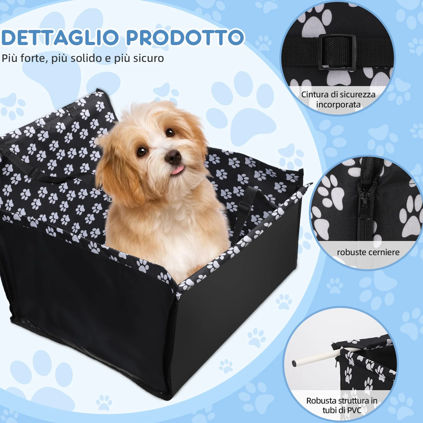 Seggiolino Auto Cane 3 in 1 Rialzato Pieghevole Impermeabile con Cintura di Sicurezza 68x57x33 cm