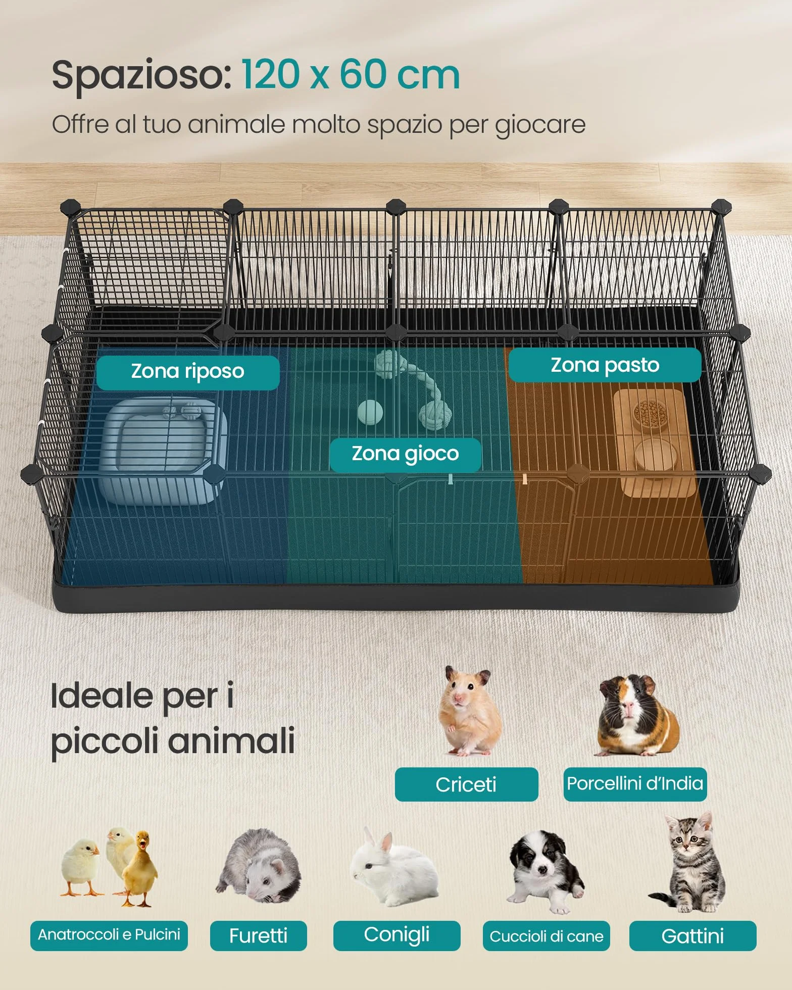 SONGMICS Recinto per Piccoli Animali, Parco Recinzione, Tappetino Impermeabile, Doppia Porta, per Conigli, Porcellini d’India, 20 Pannelli, 123 x 63 x 41,5 cm, Nero Inchiostro LPI012BH01