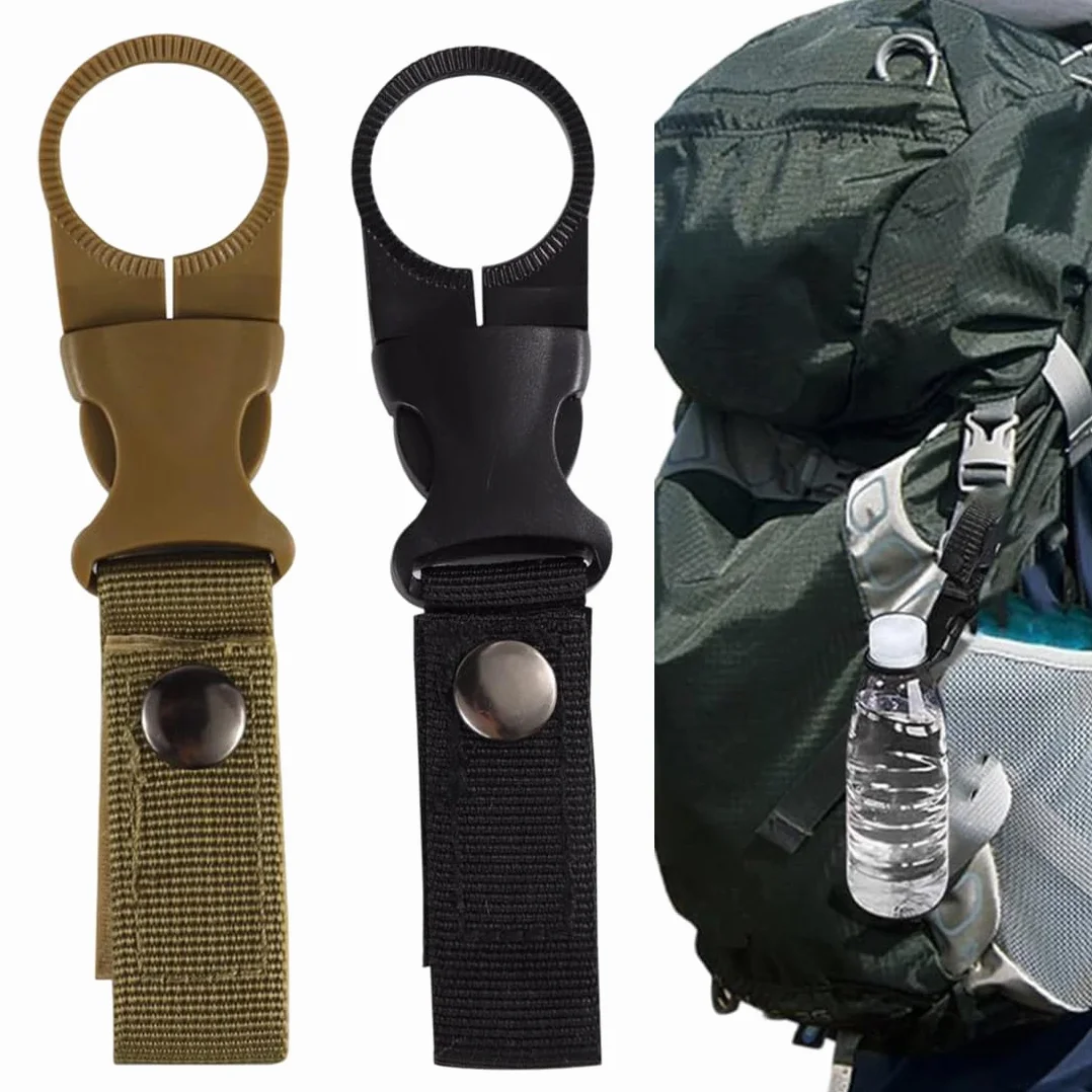 WeddHuis Set 2 Pezzi Porta Borraccia, Clip in Nylon per Cintura e Tasche, Ganci per Bottiglie d'Acqua con Moschettone, Accessorio Outdoor per Escursioni e Viaggi (Nero, Khaki)