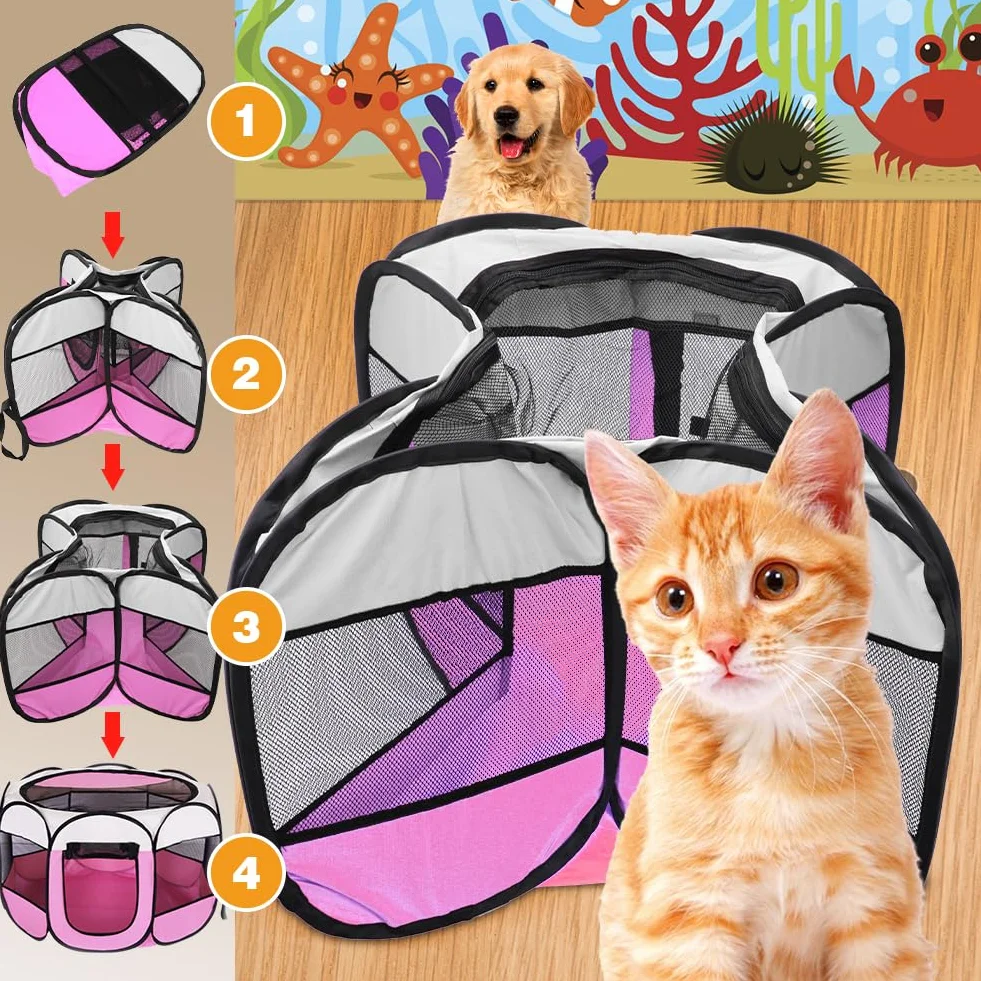 Recinto Cani da Interno Pieghevole 74x74x43cm Rosa per Gatti Cuccioli