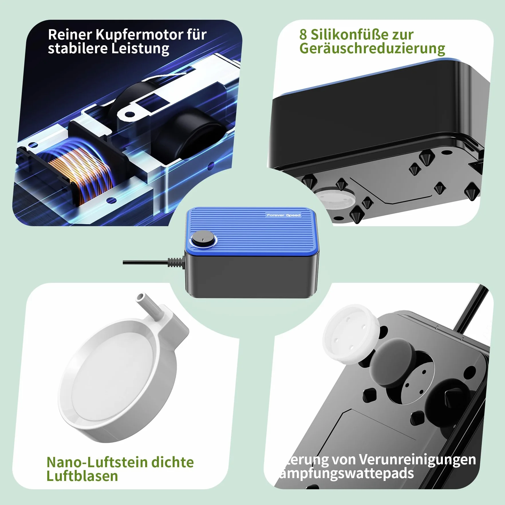 Forever Speed Ossigenatore per Acquario Ultra silenziosa 5.5W, 240L/H Aeratore Acquario con Flusso d'aria Regolabile,Pompa ad Aria per Acquario per 60-400L