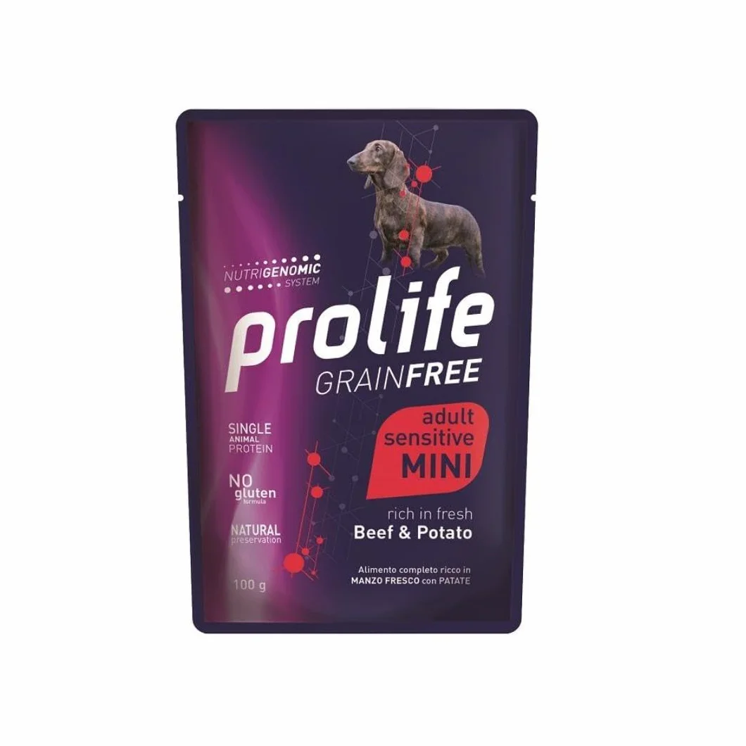 Prolife umido cane monoproteico sensitive grainfree (senza cereali) adult mini MANZO e PATATE 100g | 12 bustine da 100 grammi l'una.