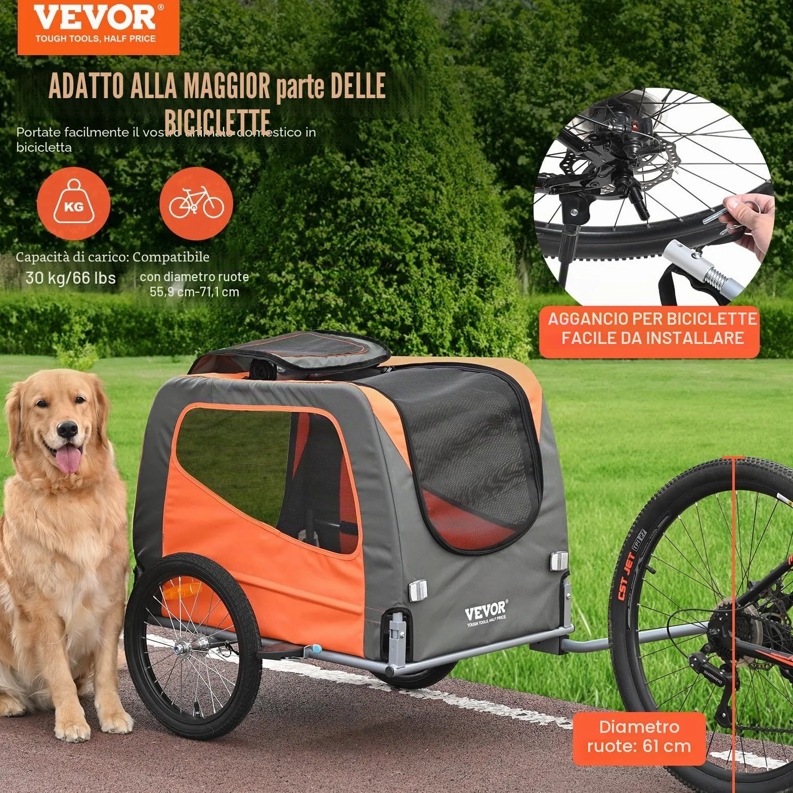 VEVOR Rimorchio Bici per Cani Pieghevole Portata max. 30 kg Passeggino per Animali Domestici con Ruote a Sgancio Rapido Telaio in Acciaio Carrello per Bici Traino Rimorchio Animali Arancione/Grigio
