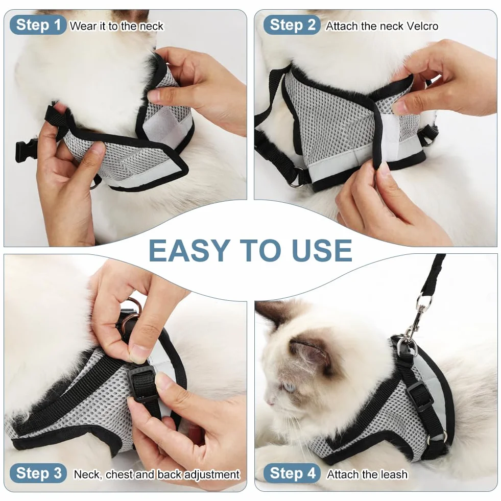 AUYAO Pettorina per Gatti– Set Antifuga Regolabile e Traspirante per Gatti Piccoli/Medi, Design Riflettente per Passeggiate Notturne, Comfortevole e Sicuro (Grigio-Nero, S)