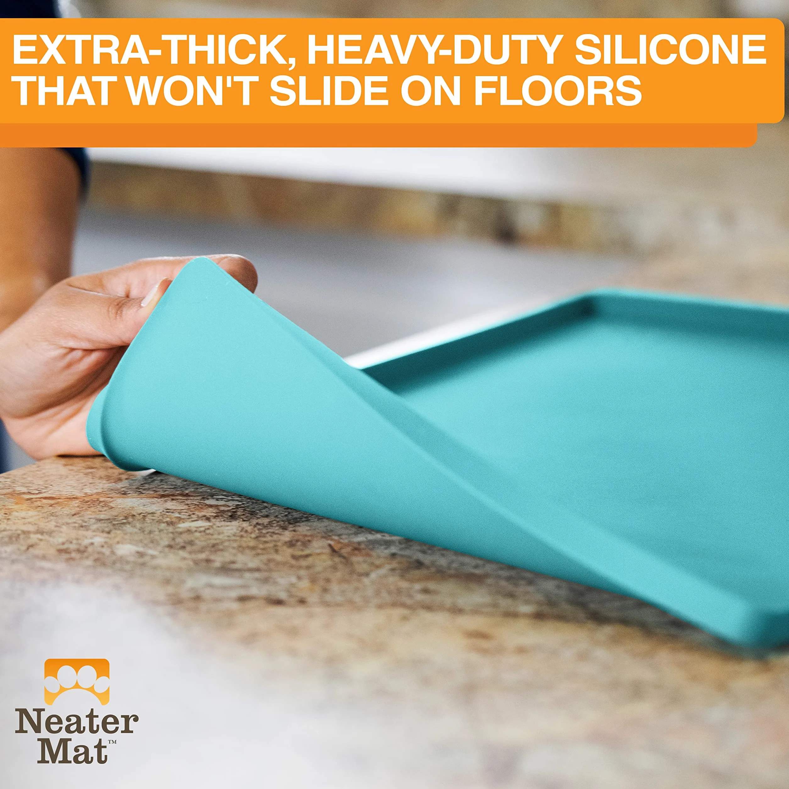 Neater Pet Brands Neater Mat - Tappetino impermeabile in silicone per animali domestici, protegge i pavimenti da cibo e acqua (Acqua Marina, 40,6 x 25,5 cm Silicone)