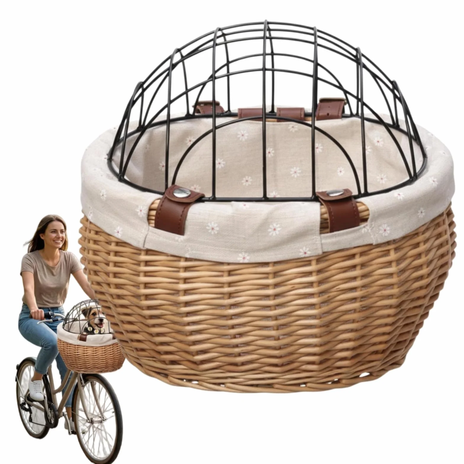 Cestino per bici per cani - Trasportino sicuro per montaggio su bici con copertura per cani di piccola taglia e gatti, cestino in rattan per animali domestici e d (A)