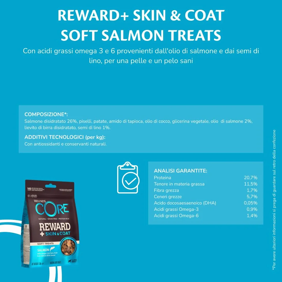 Wellness CORE Reward+ Pelle & Pelo 170g, Salmone – Snack Morbidi per Cani, Senza cereali, Naturale, Ipoallergenico, Ricco di Proteine, Alto Contenuto di Pesce, Pelle Sana e Pelo Lucido