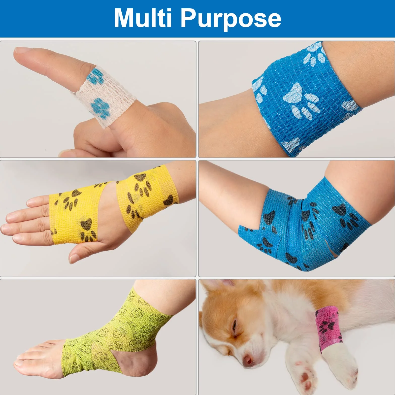 Pet Vet Wrap Bendaggio Coesivo Elastico Autoadesivo 5cm x 4.5m 9 Rotoli