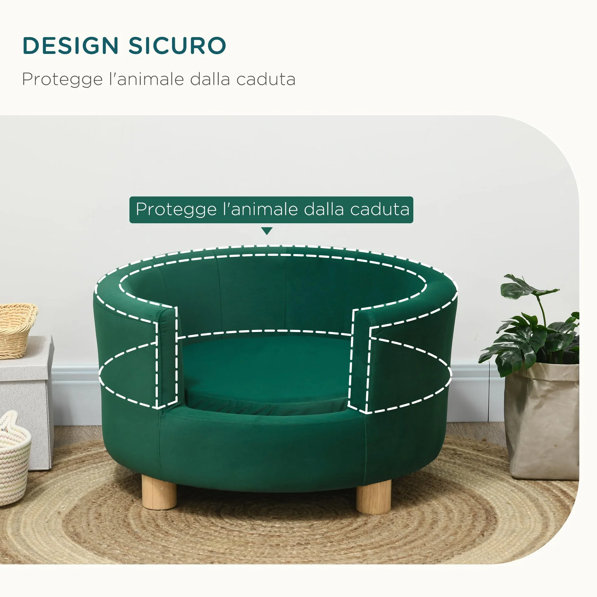 PawHut Divano per Cani Imbottito con Schienale e Cuscino Rimovibile, Cuccia per Gatto da Interno, 65x64x37cm, Verde