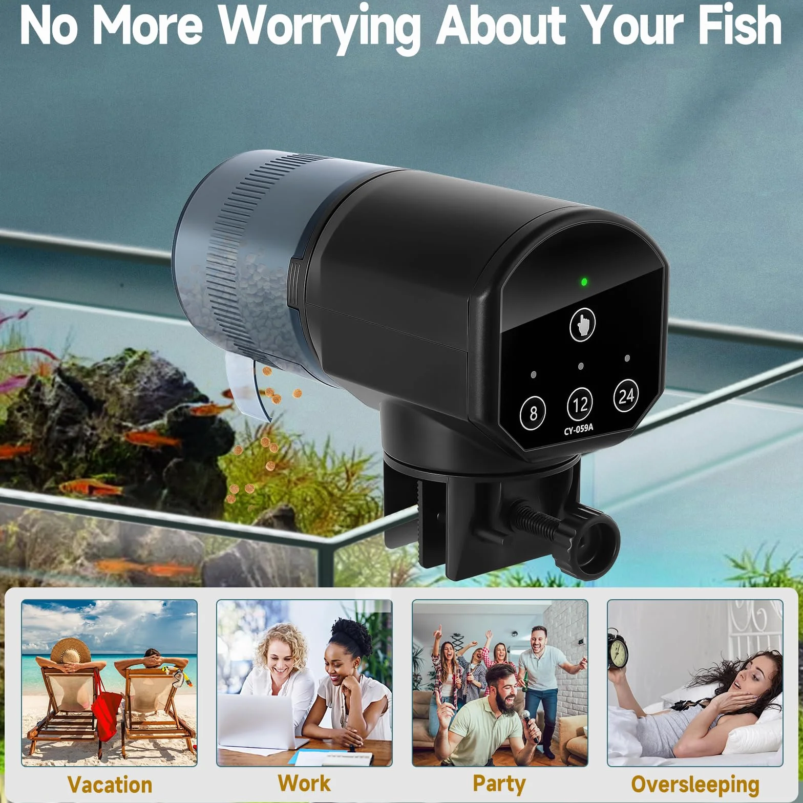 Mangiatoia Automatica Acquario 200ML con Indicatore LED e Batterie AAA, Nero