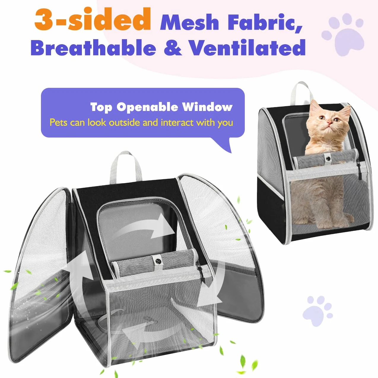 Pawaboo Zaino per Gatti Cani da Viaggio Fino a 10 kg, Contenitore Traspirante Nero