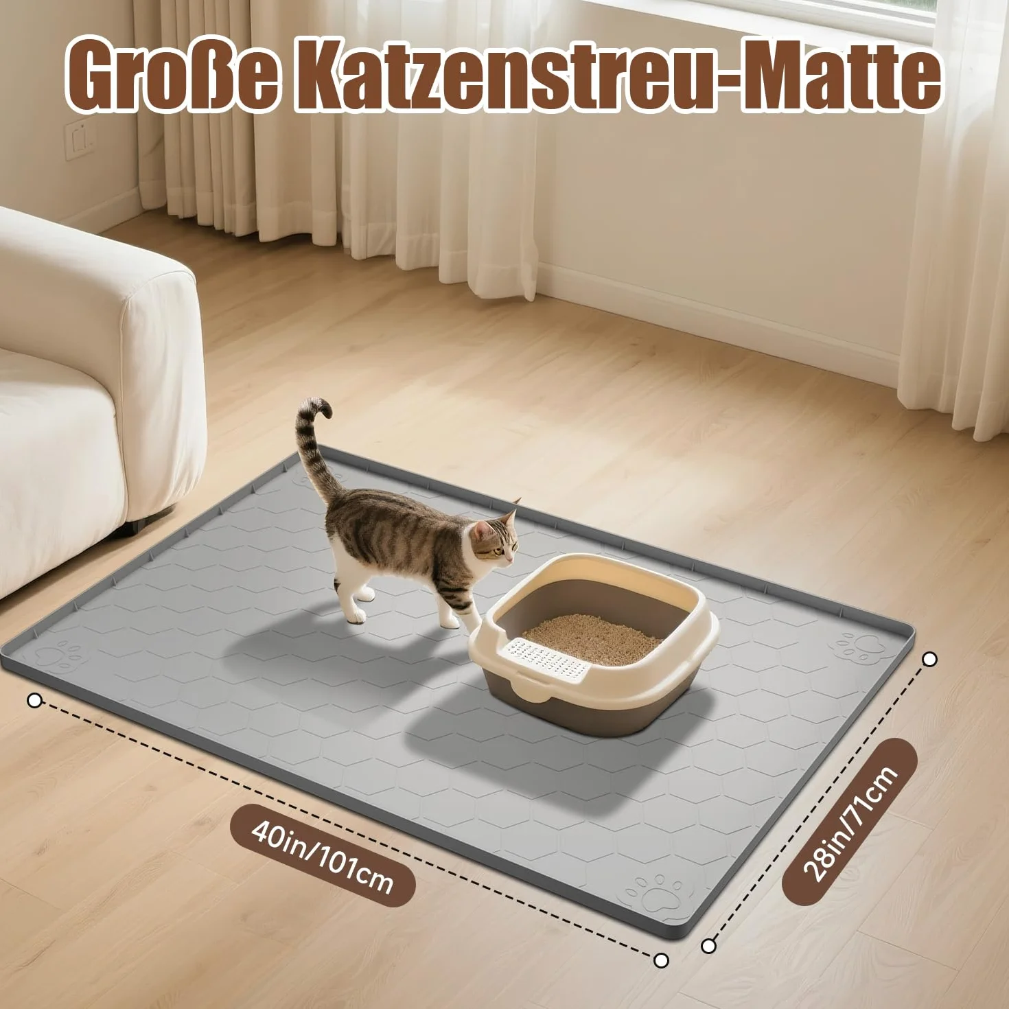 Tappetino per lettiera grande XXL 101 x 71 cm, tappetino in silicone, grigio | Realizzato in silicone alimentare, lettiera per gatti impermeabile resistente alle urine, antiscivolo, facile da pulire