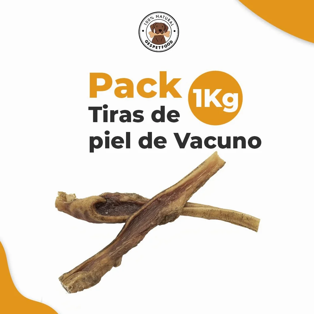 Snack Disidratato per Cani - Strisce di Pelle di Bovino - Sacchetto da 1kg - 15 cm - Sapore Pancetta - Senza Cereali - Gengive Sane - Dolci Cani - Prodotto in Spagna - GESPETFOOD