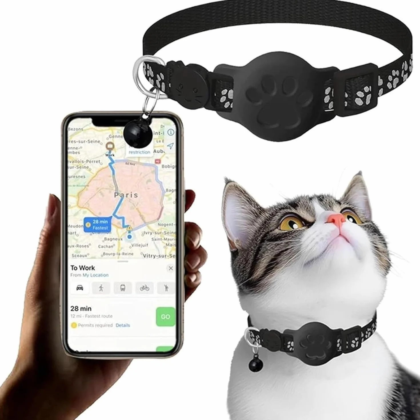 Collare GPS per Gatto Senza SIM e Senza Abbonamento, Localizzatore per Gatti Compatibile con Apple e Android Find My, Tracker Bluetooth con Posizione in Tempo Reale(Nero+Nero,IOS+Android)