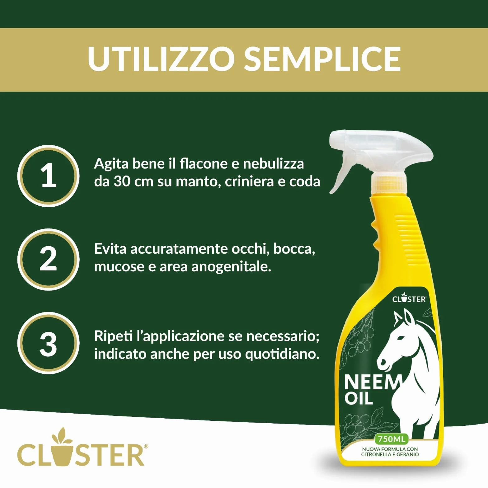 CLOSTER Olio di Neem Spray 750ml Repellente Insetti Cavalli - Made in Italy