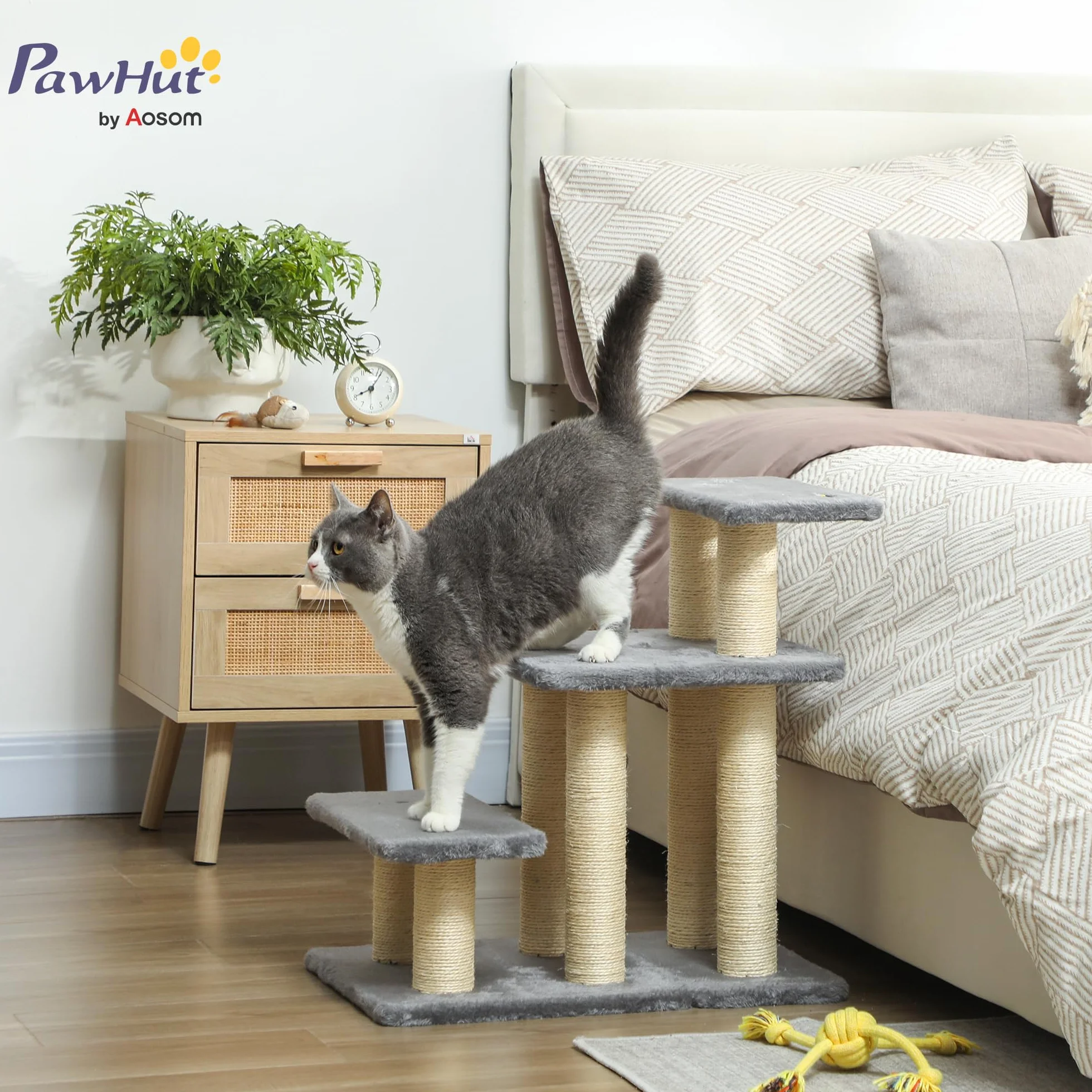PawHut Scaletta per Cani e Gatti 3 Scalini in Peluche e Pali Tiragraffi in Sisal, Grigio