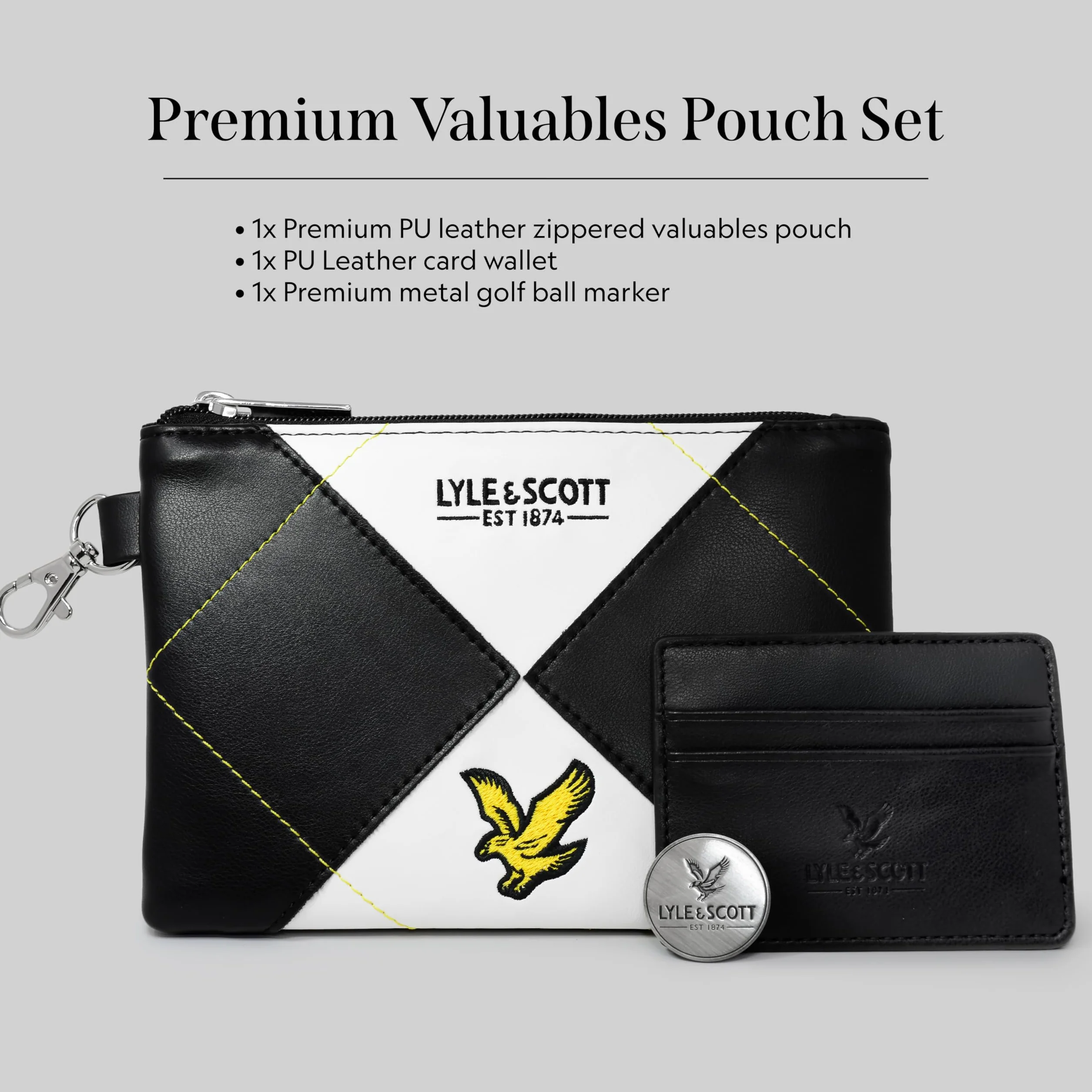 Lyle & Scott Argyle Premium Valuables Pouch - Portafoglio in pelle con cerniera per carte e marcatore palline da 32 mm