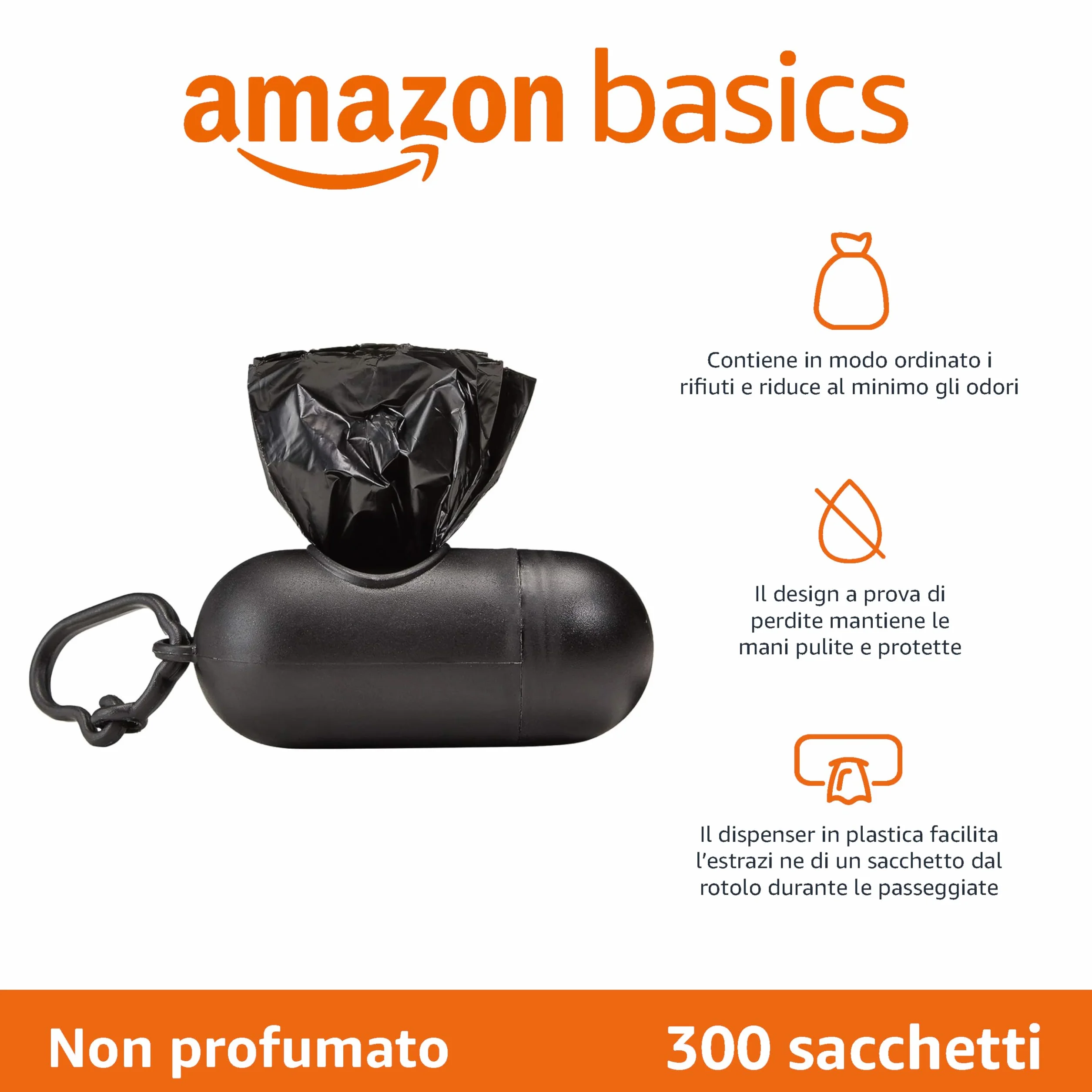 Amazon Basics Sacchetti igienici per cani inodori 300 pezzi con dispenser e clip per guinzaglio