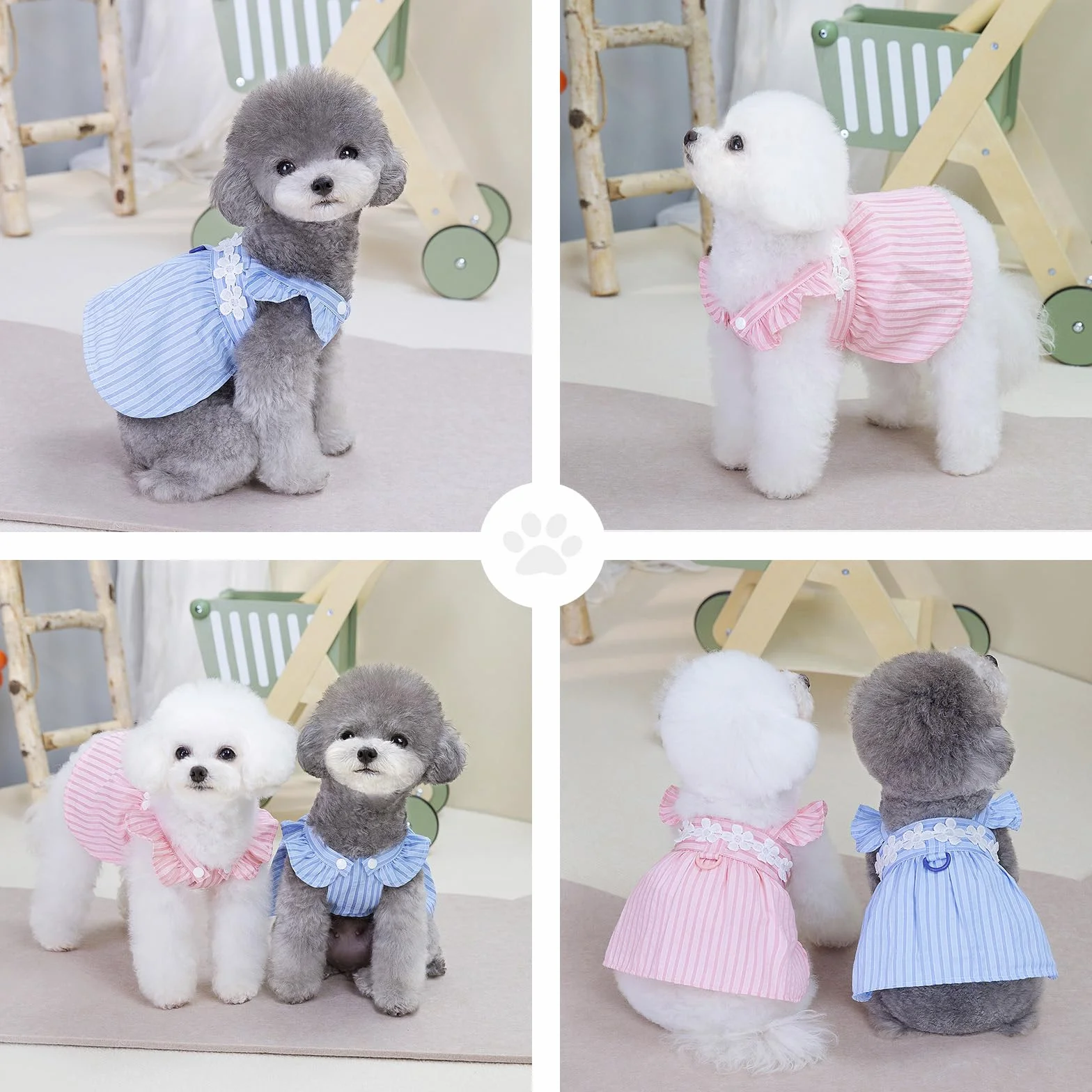 PAIDEFUL Vestito Elegante per Cane Piccolo - Design Estivo a Righe con Ricamo di Fiori, Cinturino, Bottoni - Abbigliamento Fresco da Principessa per Animali Domestici, Costume da Chihuahua