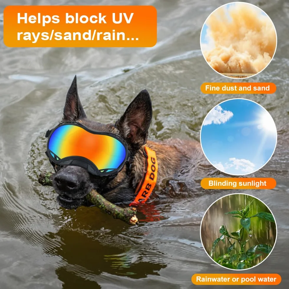 Occhiali da Sole per Cani con Scatola per Occhiali da Sci, Occhiali per Cani con Cinturini Regolabili Occhiali UV per Animali Domestici Antivento per Cane Medio per Neve/Attività all'Aperto