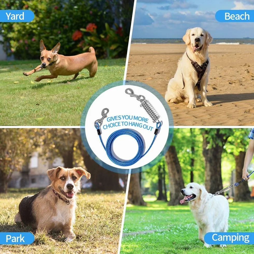 Cavo per legare cani da 5 m, resistente con molla, nessun groviglio, cavo per legare il palo del cane, antiruggine, con ganci in metallo, per cortile, campeggio e attività all'aperto, per cani di