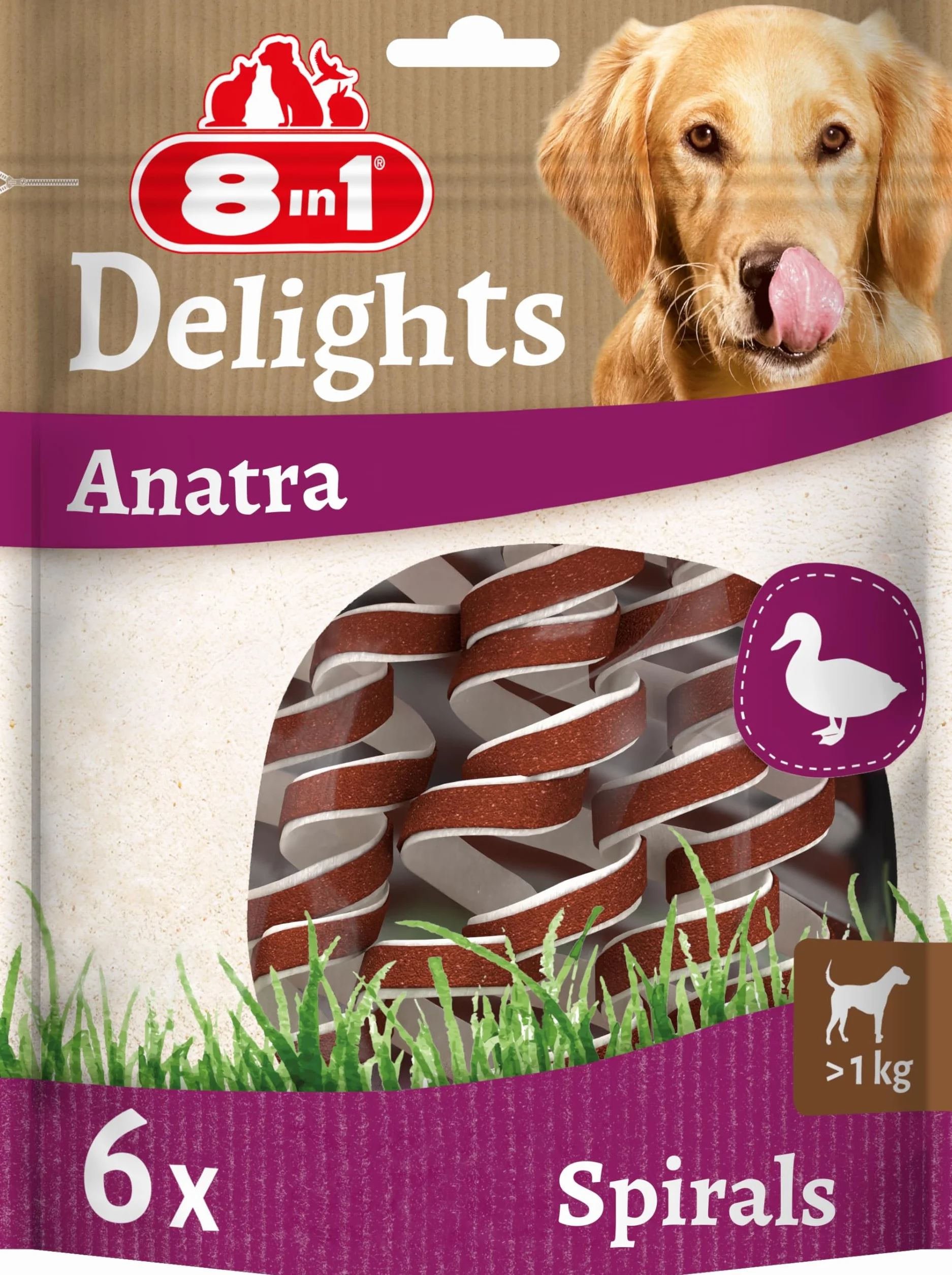 8in1 Delights Duck Spirals - Snack masticabile sano per cani, carne di anatra di alta qualità avvolta in pelle di manzo, 6 pezzi
