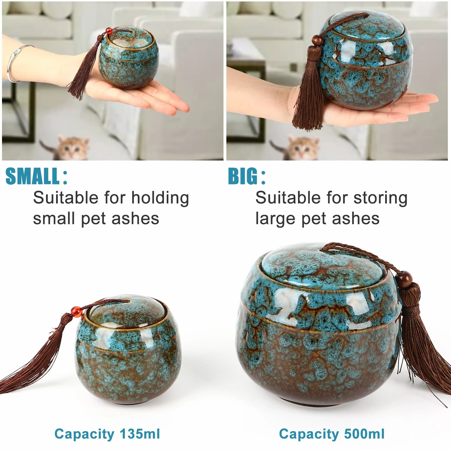 Piccole urne per ceneri umane, mini urna per cenere per adulti, urne per animali domestici, cani, ceneri per gatti, ceneri funerali (500 ml, blu)