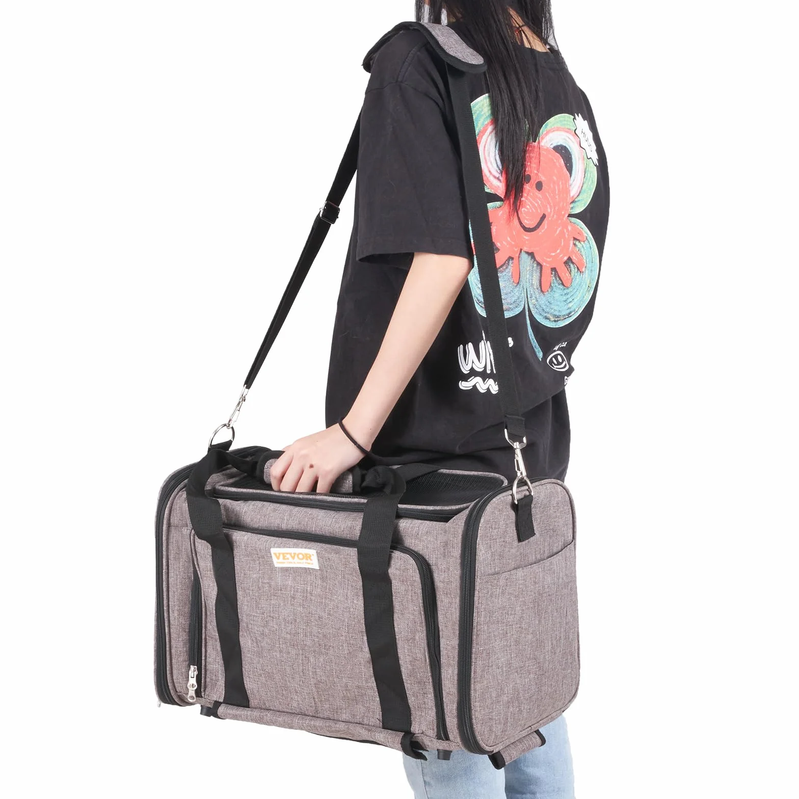 VEVOR Trasportino per Cani e Gatti Approvato dalla Compagnia Aerea, Carico Massimo 11,3 kg Borsa per Animali Domestici con Maniglia Telescopica con Ruote, Tessuto Oxford 600D, Cerniera Autobloccante