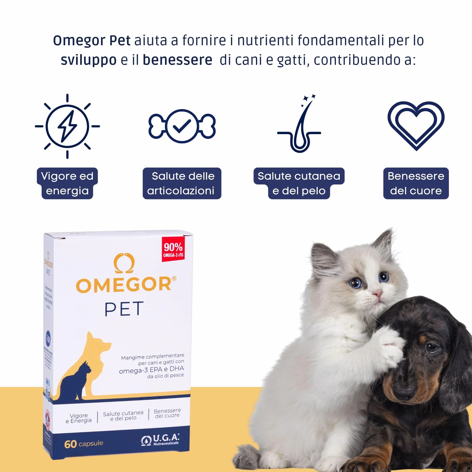 OMEGOR Pet Omega 3 per Cani e Gatti con EPA e DHA da Olio di Pesce Purificato - 60 Capsule di Omega3 IFOS Certificato per la Salute del Pelo e delle Articolazioni del tuo Pet