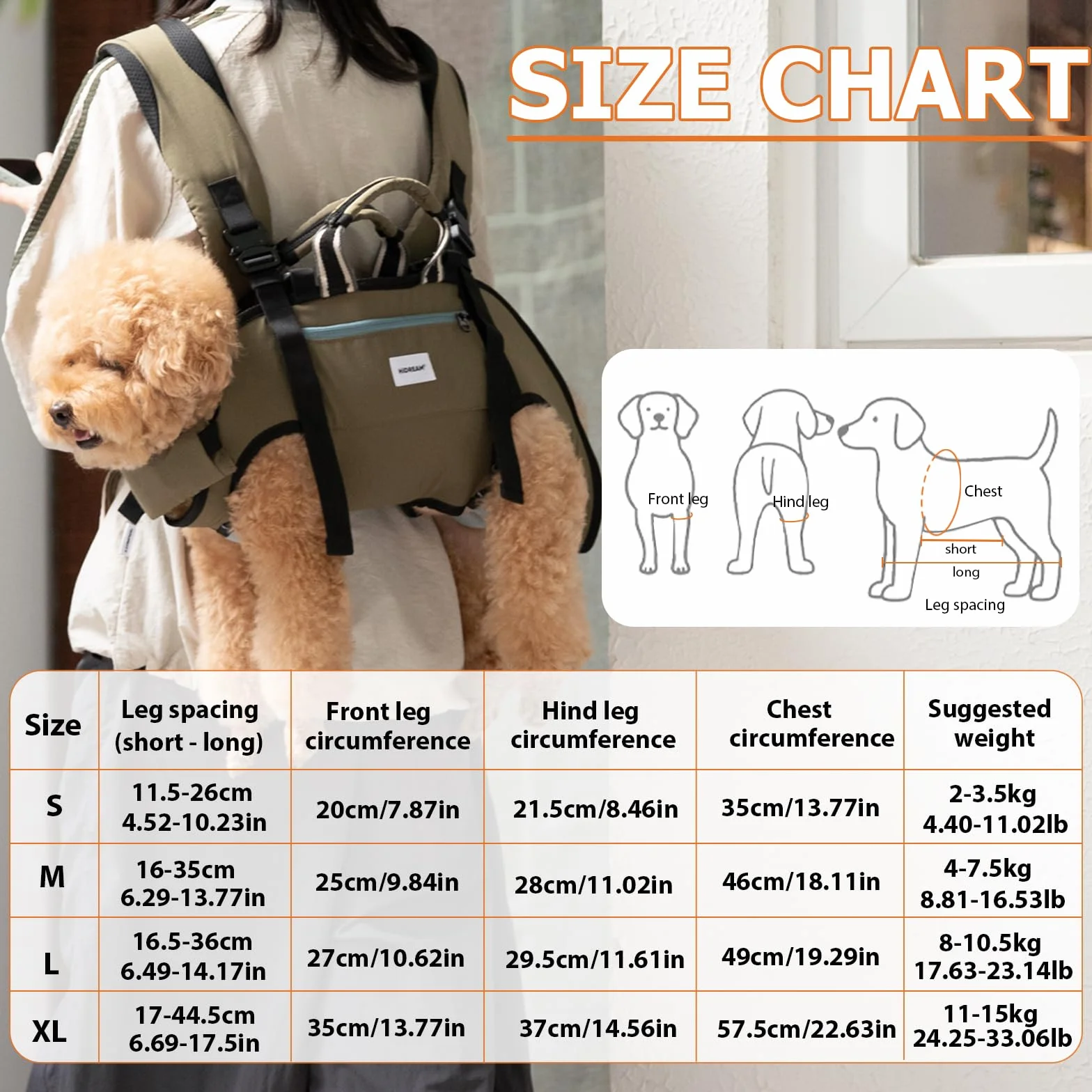 Zaino ergonomico per il trasporto del cane, con zampe orizzontali verso l'esterno anteriore e posteriore, borsa da trasporto a mani libere convertibile 3 in 1, fino a 15 kg (Verde, XL)