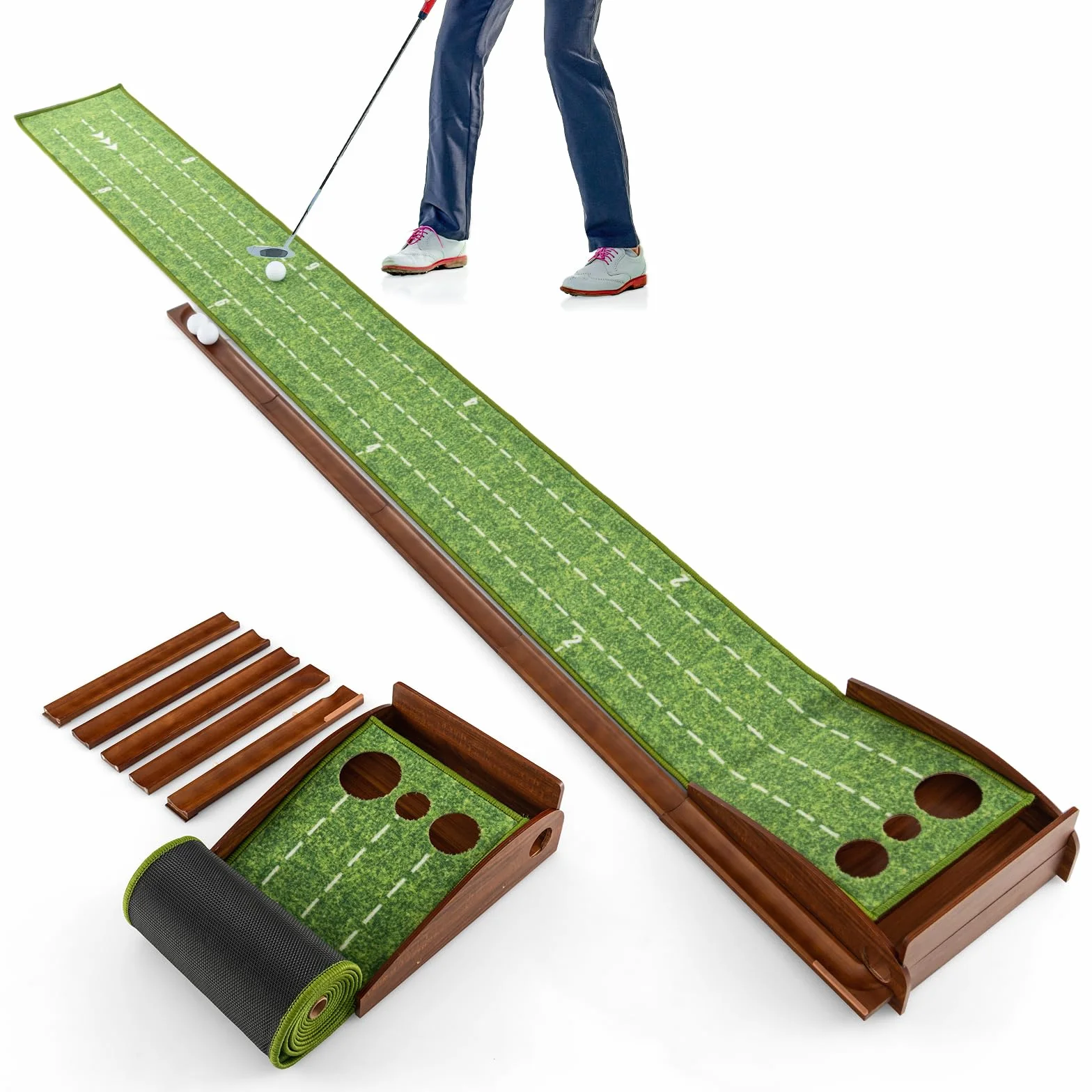 LIFEZEAL Tappetino Golf Allenamento con Buche per Interni, Tappeto Portatile con Ritorno Automatico, Base per Golf, Pad con 3 Panlline per Golf, Tappetino di Appoggio per Esterni (3 buche)