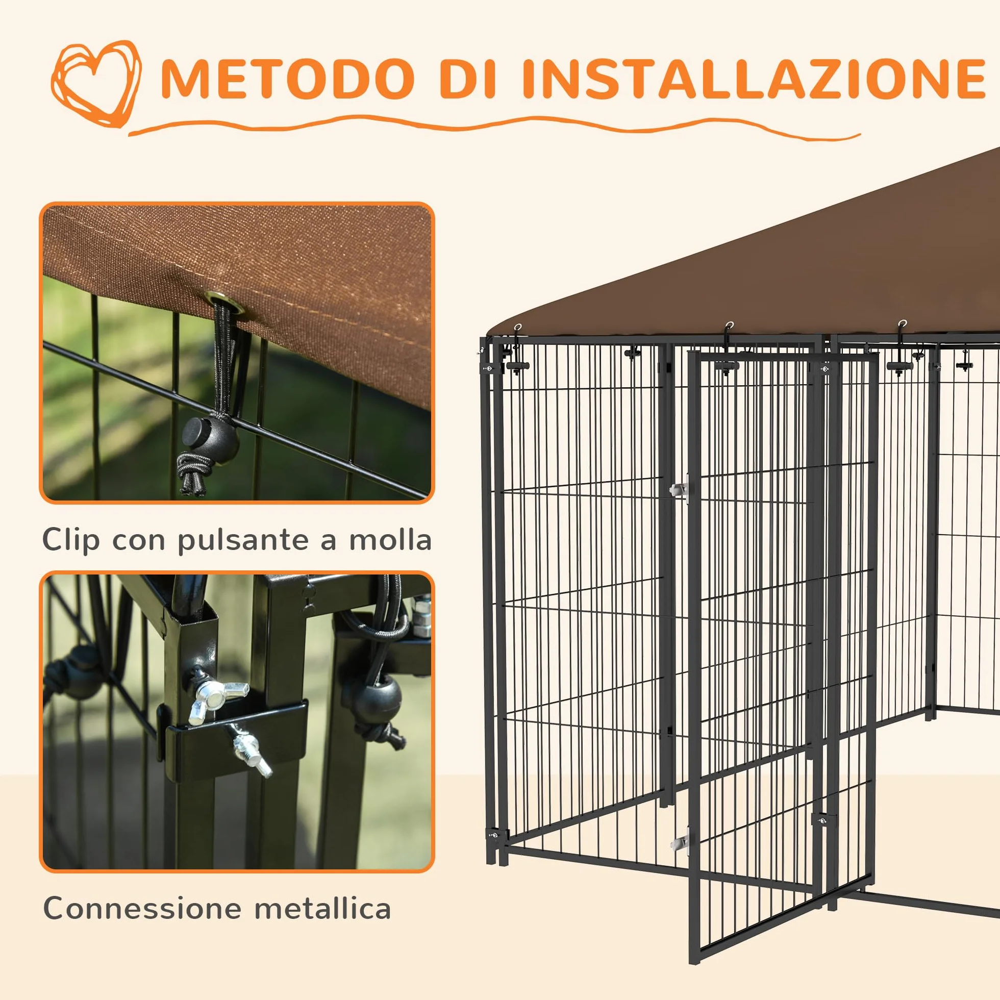 PawHut Recinto per Cani Acciaio 211x211x151 cm Tetto Anti-UV Impermeabile Ciotola Girevole Nero e Marrone