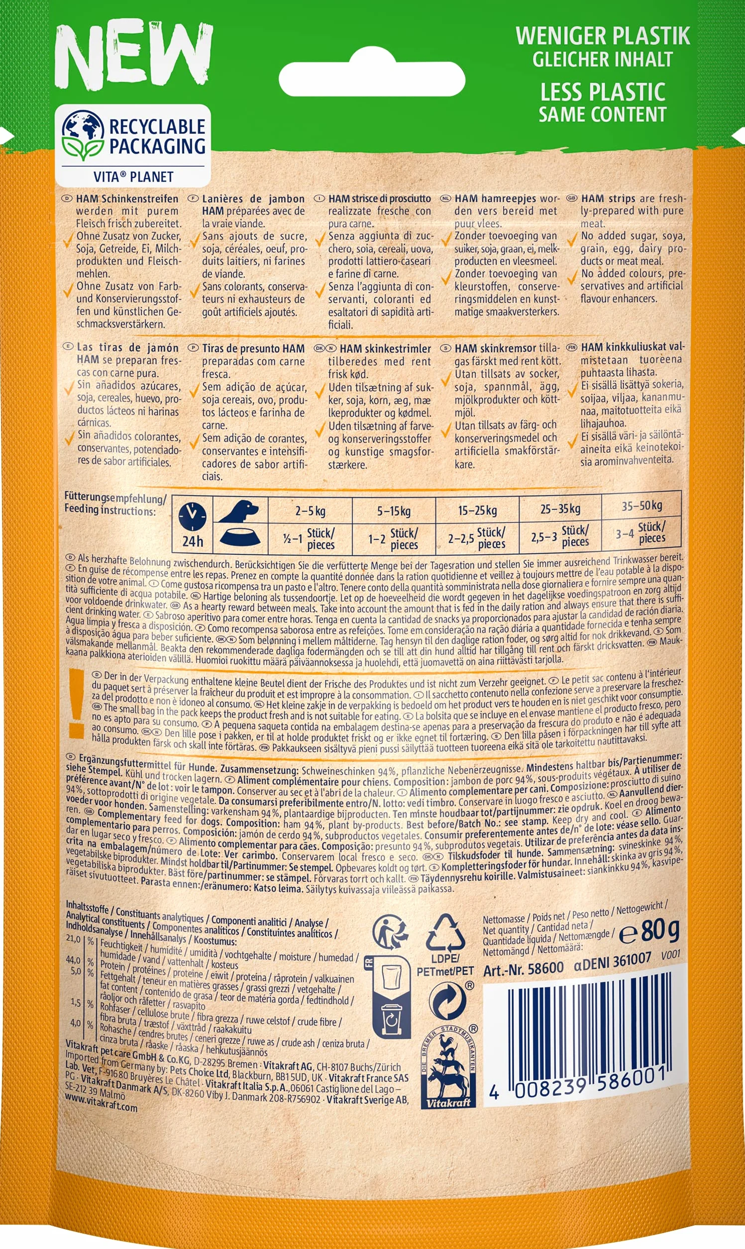 Vitakraft Pure Ham Strips, snack cane, strisce di prosciutto con carne di maiale, snack per l’addestramento del cane, senza zuccheri aggiunti (1x 80g)