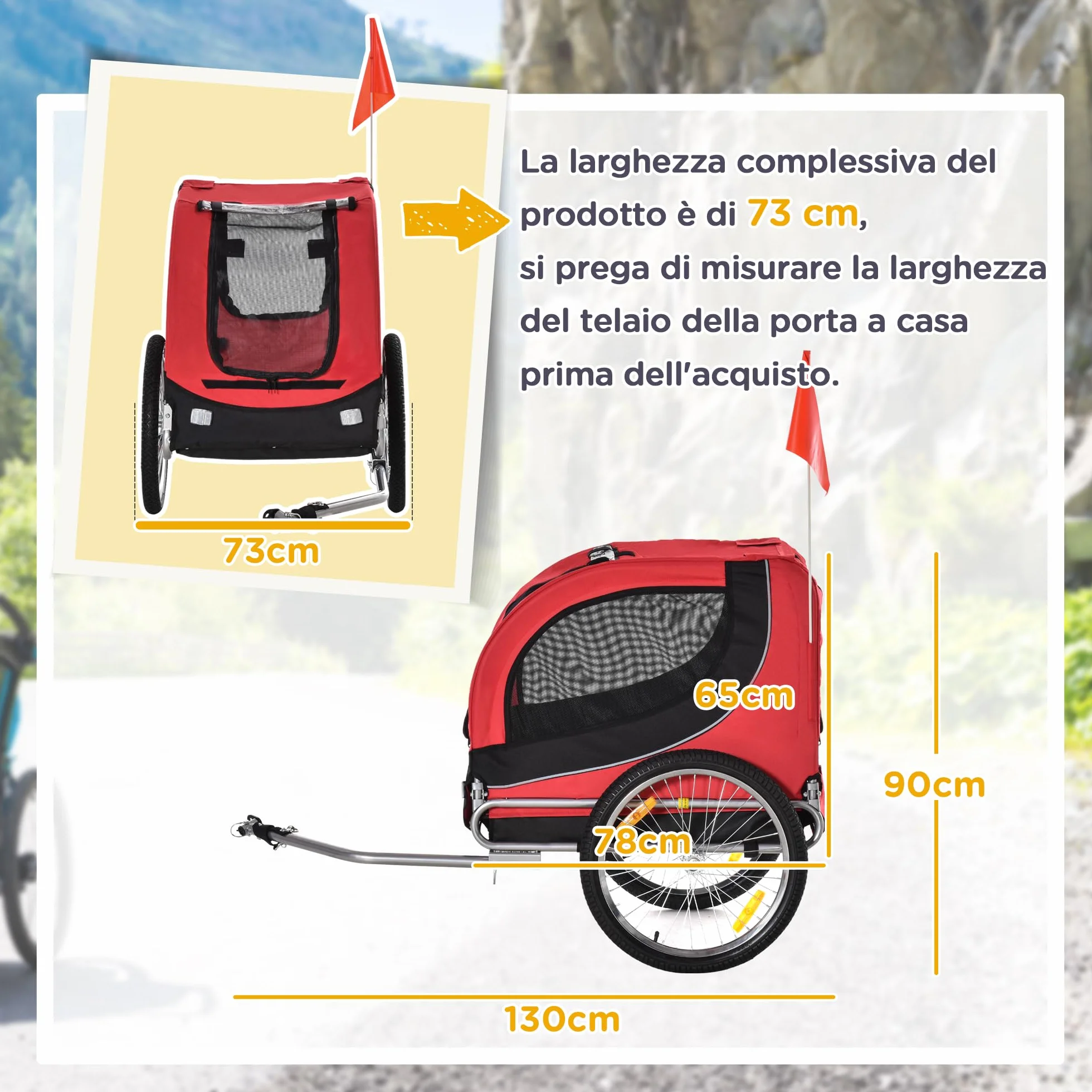 PawHut Carrellino Rimorchio per Cani Animali Domestici da Bicicletta 130 x 73 x 90cm Rosso e nero