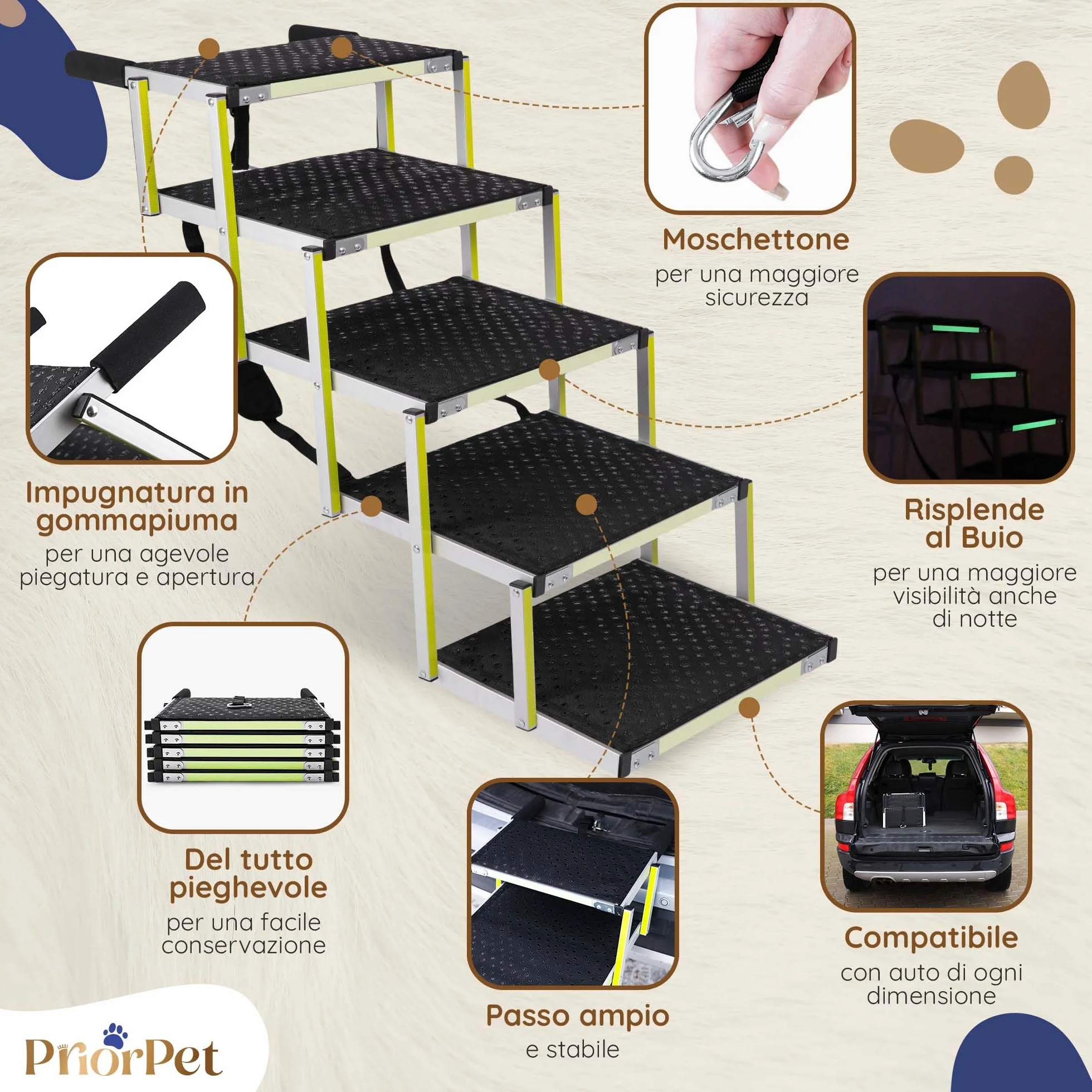 Rampa per Cani PRIORPET Pieghevole Fino a 77 KG Antiscivolo Riflettente 5 Gradini