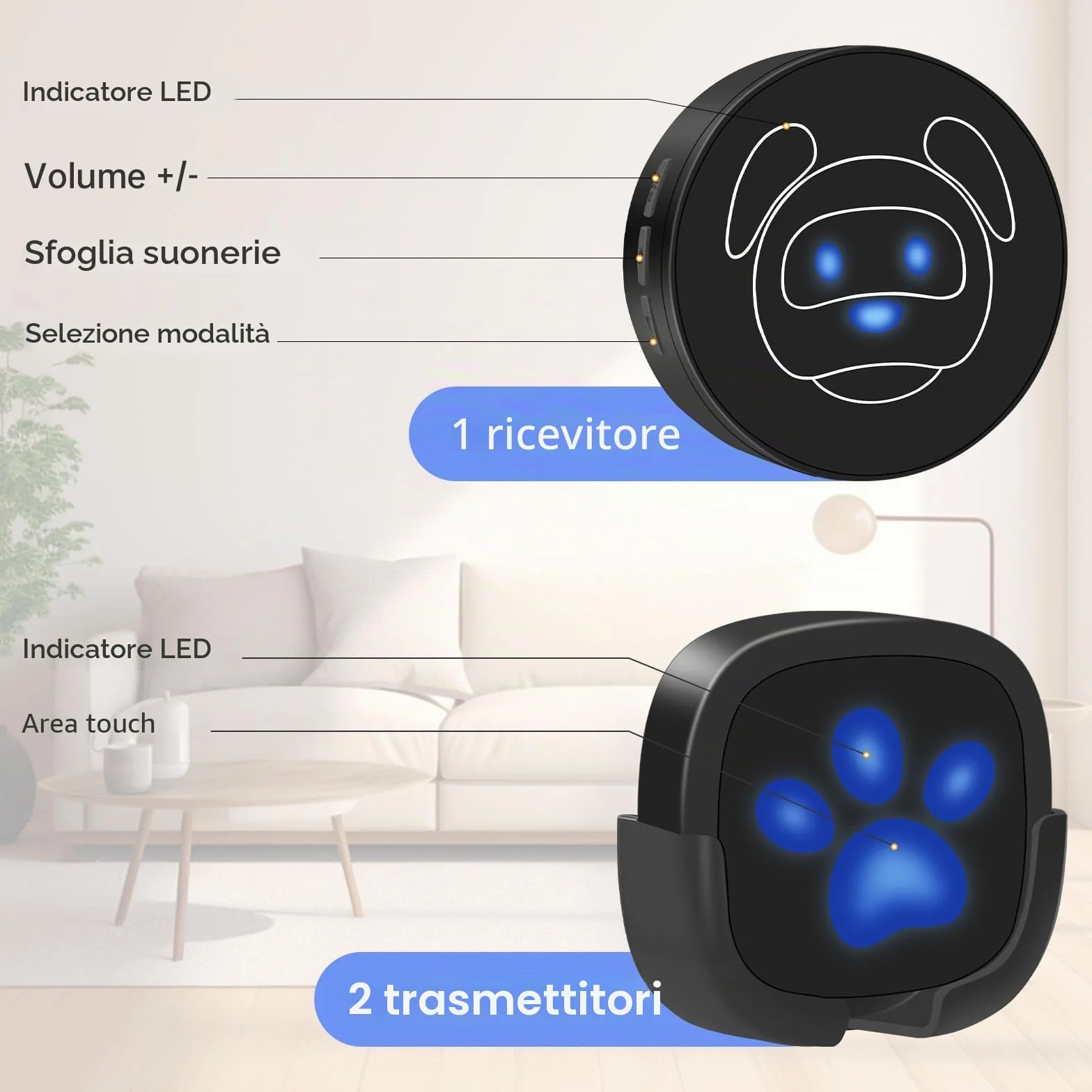 Campanello per Cani Whimsii, Campanello Wireless per Uscire, Pulsanti Impermeabili IP55, 55 Melodie, 4 Livelli di Volume e Portata di 950 Piedi (Nero, 1 Ricevitore, 2 trasmettitori)