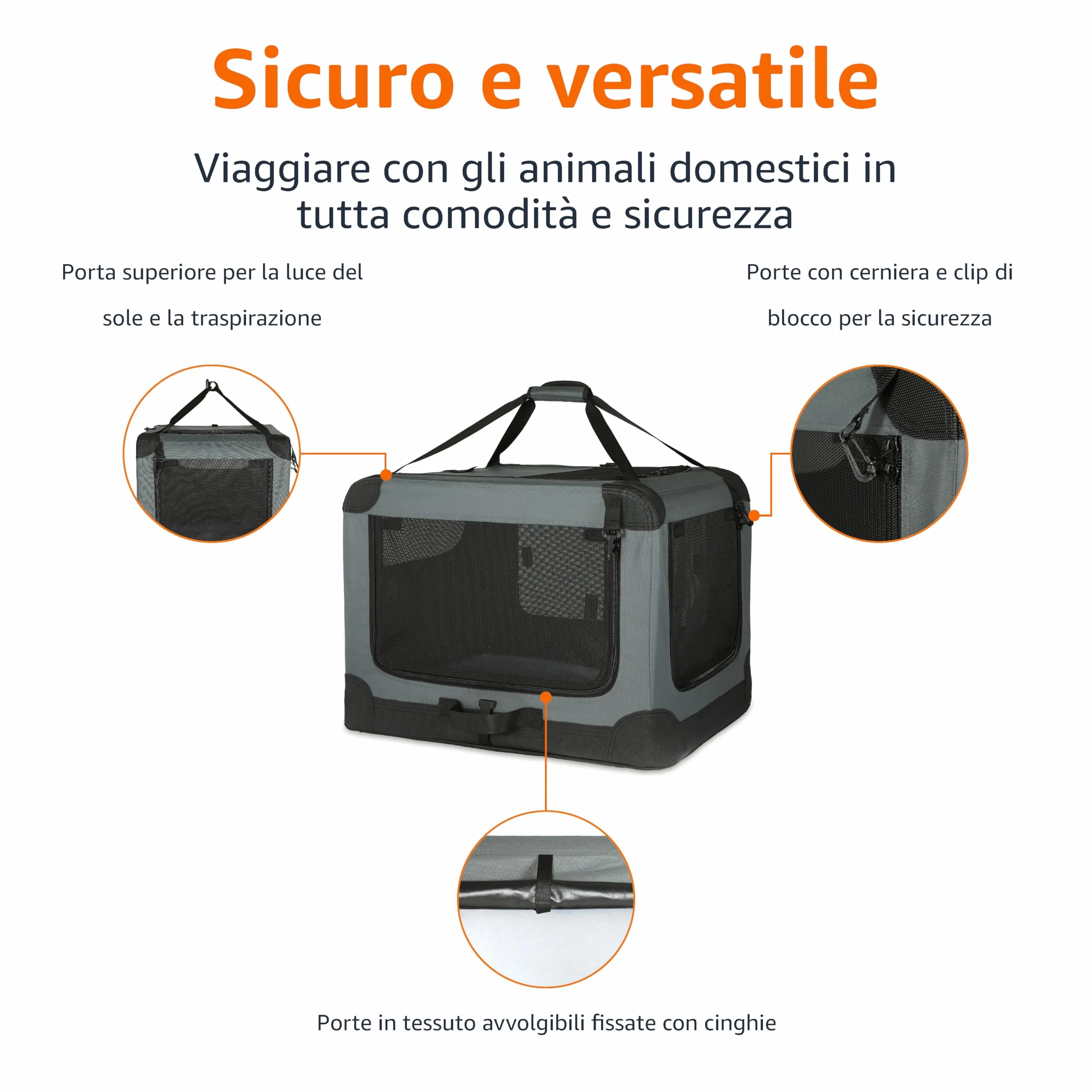 Amazon Basics Trasportino portatile e pieghevole a 4 porte per cani e gatti, Grigio M 76 cm x 54 cm x 54 cm