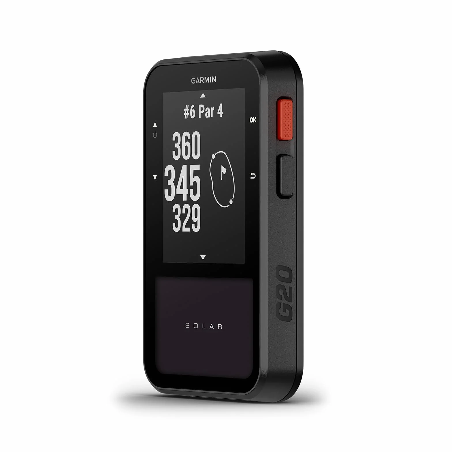 Garmin Approach G20, Portatile GPS per il Golf, Ricarica Solare, Mappe di 43.000 Campi Internazionali Precaricate, Display 2,2", Autonomia Potenzialmente Illimitata, Moschettone incluso