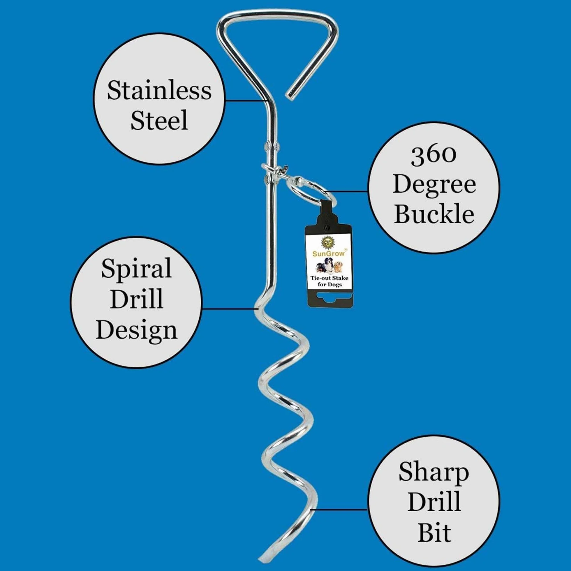 Sungrow Picchetto Da Esterni Per Guinzaglio, In Acciaio Inox, Con Anello Girevole Di 360deg Design A Spirale, Molto Pratico, Resistente E Facile Da Usare, Adatto Per Cani Fino A 36.3kg