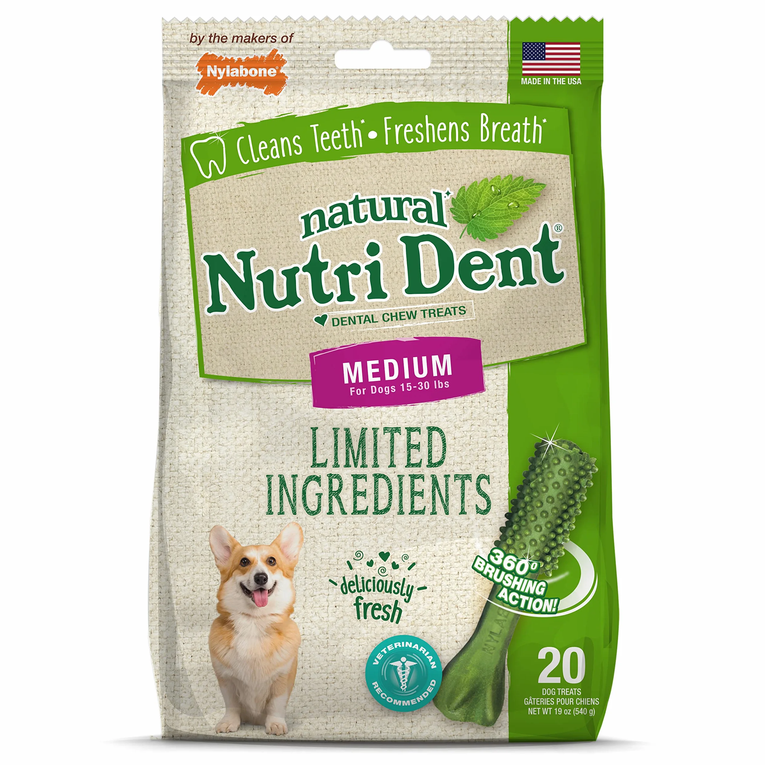 Nylabone Nutri Dent Dog Dental Chews - Deodorante naturale per la pulizia dei denti e l'alito del cane, dolcetti dentali per cani, aroma di alito fresco, medio (20 pezzi)