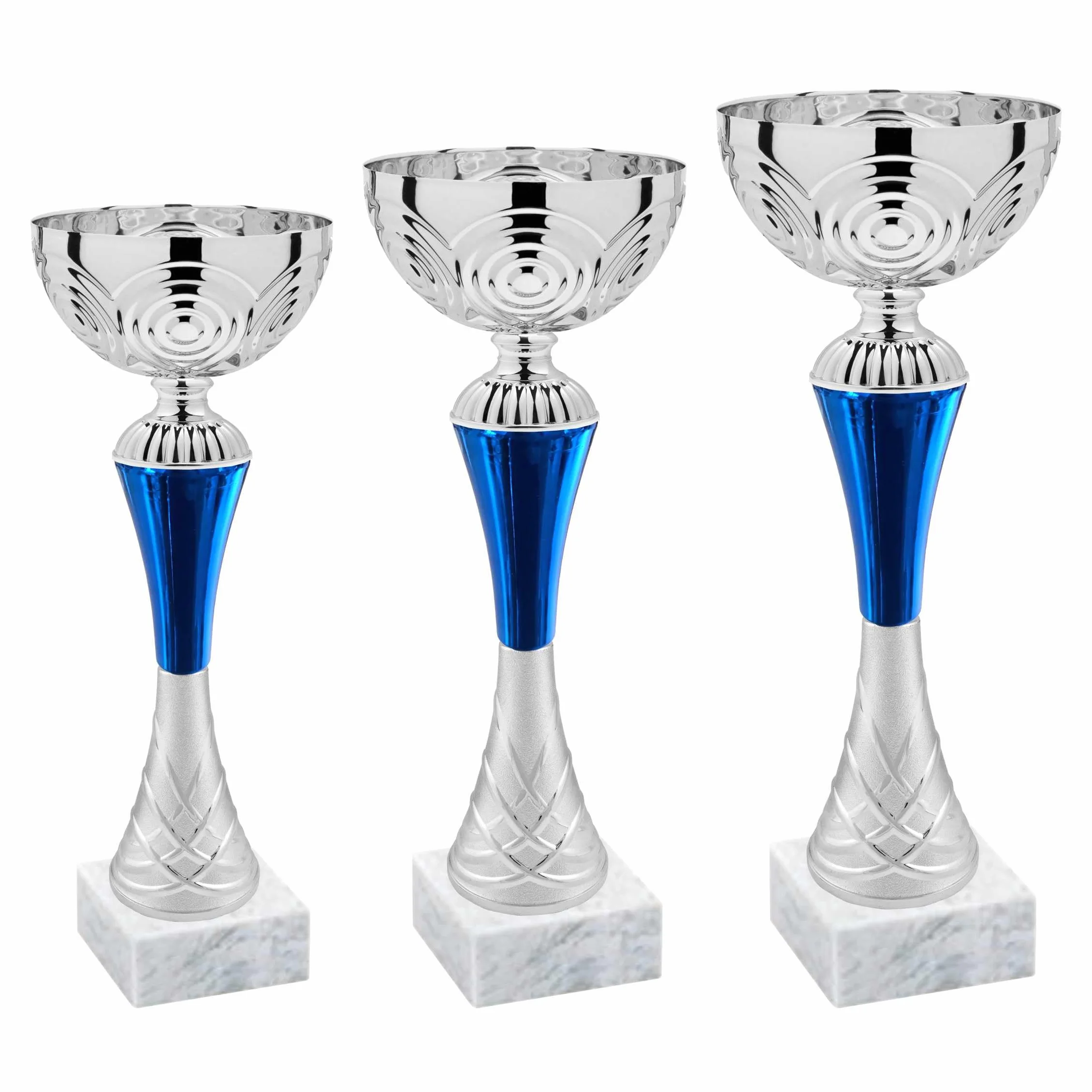 Tris Coppe Trofei Personalizzate | 3 Premiazioni ABS blu/silver con Targhetta Inclusa per 1º‑2º‑3º posto – Ideali per Sport, Eventi, Fantacalcio
