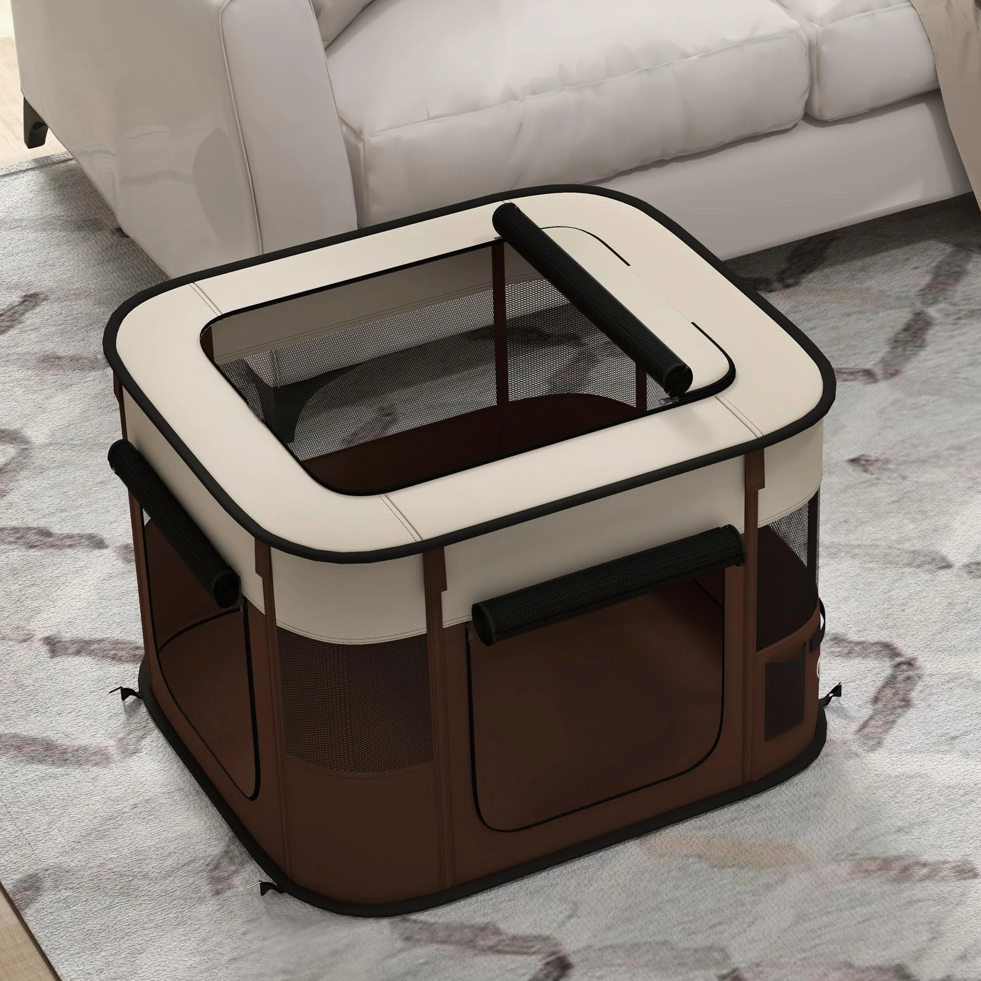 PawHut Box per Animali Domestici 6 Finestre 3 Porte 2 Borse Portaoggetti Recinto per Cani Tessuto Oxford Acciaio 74x60x45 cm Marrone