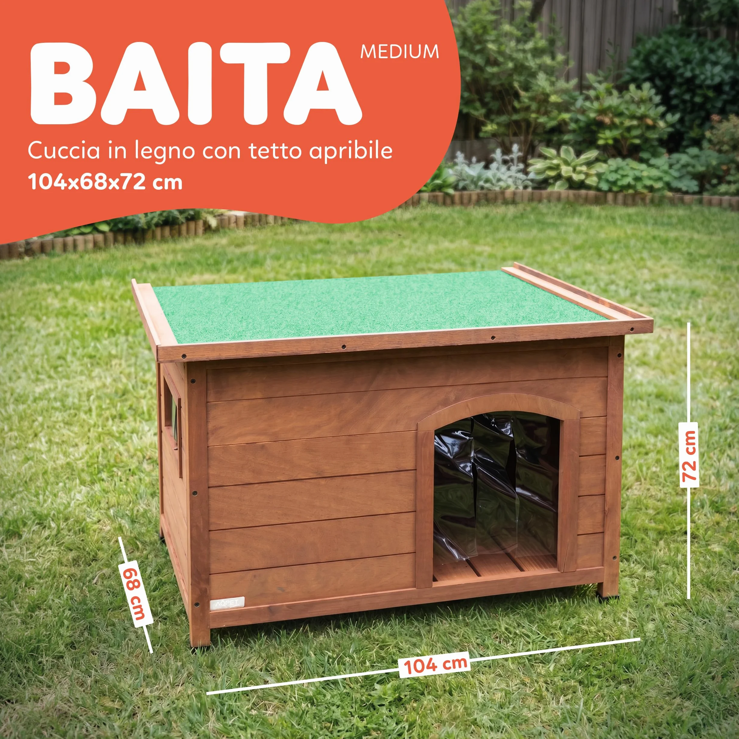 AqpetFriends Baita Cuccia Legno Esterno per Cani Medium 104x68x75h con Tetto Apribile