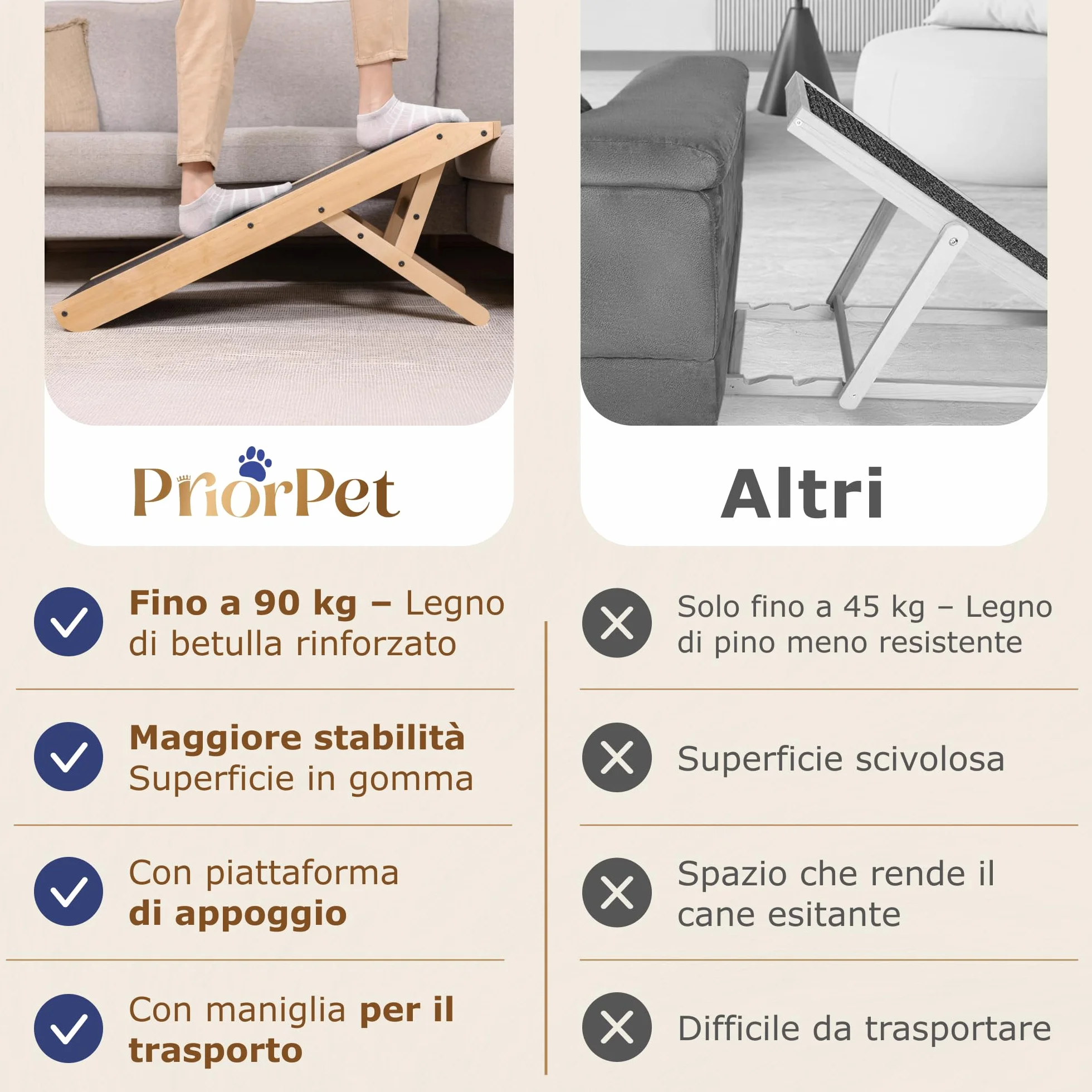 Rampa per Cani in Legno di Betulla Regolabile 18-53 cm Pieghevole per Letto e Divano