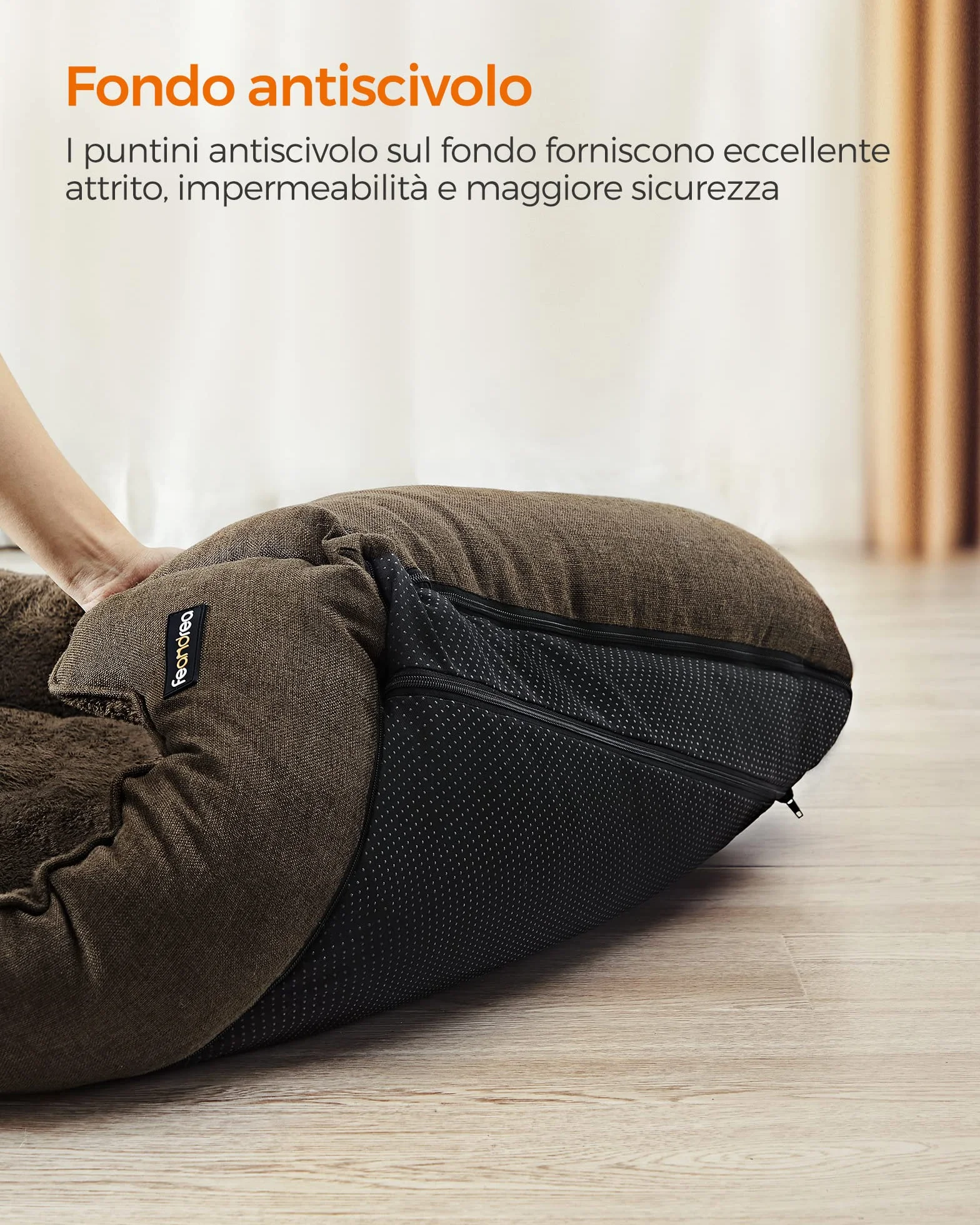 Feandrea Cuccia per Cani Lettino per Animali in Simil Lino Bordi Rialzati Fondo Antiscivolo Copertura Sfoderabile per Lavaggio Taglia M 70 x 55 x 21 cm Marrone PGW10CC