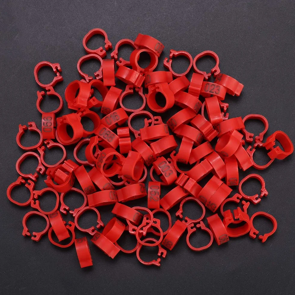 Tnfeeon 100PCS/Bag 8MM Anelli plastica per Fasce per piccioni, 001-100 Anelli plastica numerati 001-100 con Numero(Rosso)
