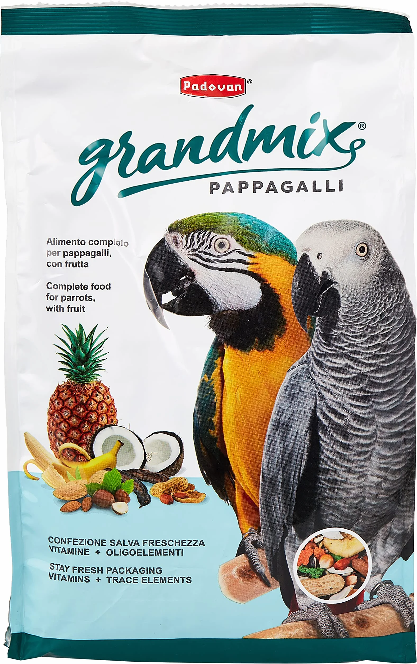 Padovan Grandmix Pappagalli Alimento Completo per pappagalli Miscela di Semi e Cereali con Frutta 2 kg