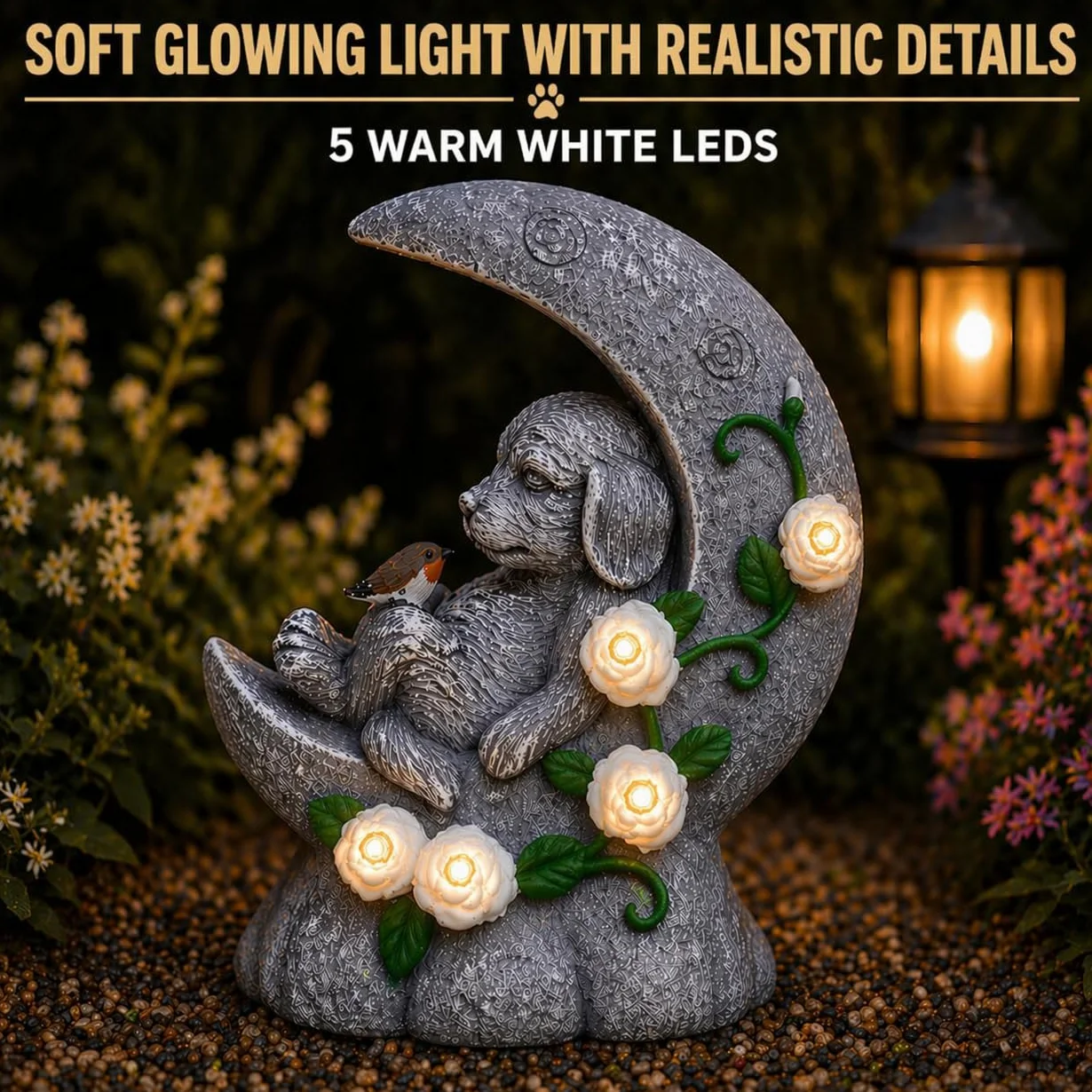 Lapide commemorativa con illuminazione LED solare a mezzaluna 19 cm per cane resistente agli agenti atmosferici